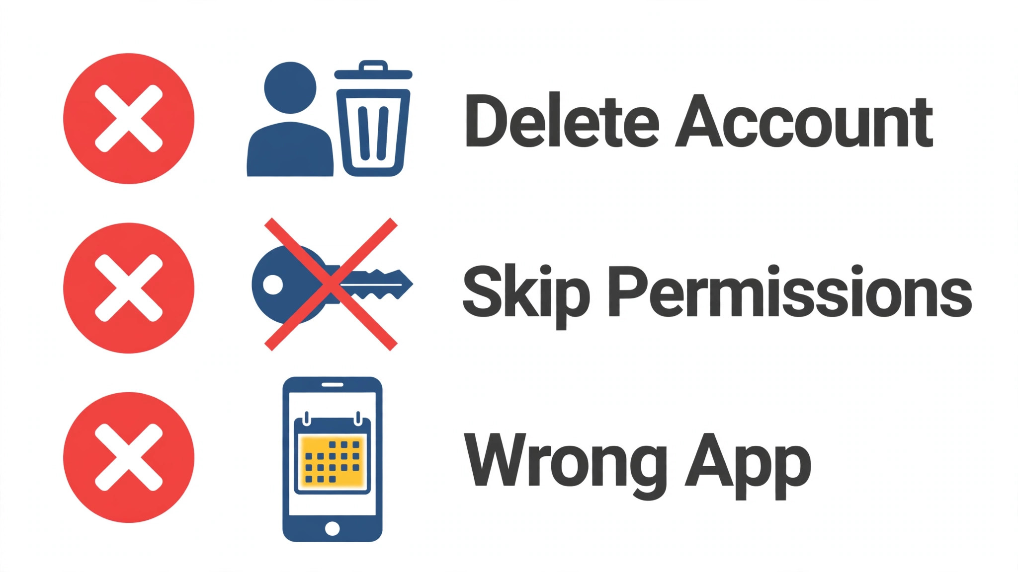 Mistakes checklist marking deleting the account, skipping permissions and checking the wrong app as moves to avoid when fixing calendar sync