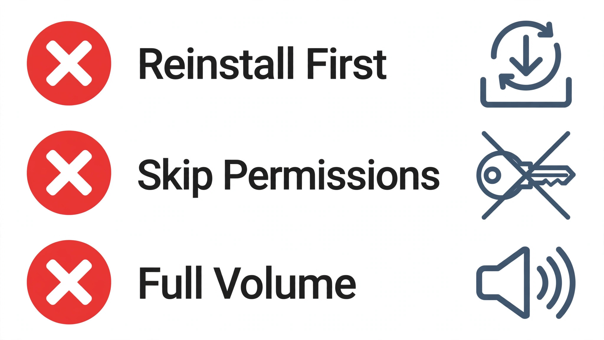 Mistakes checklist marking reinstalling first, skipping permissions and using full volume as moves to avoid when fixing meeting audio