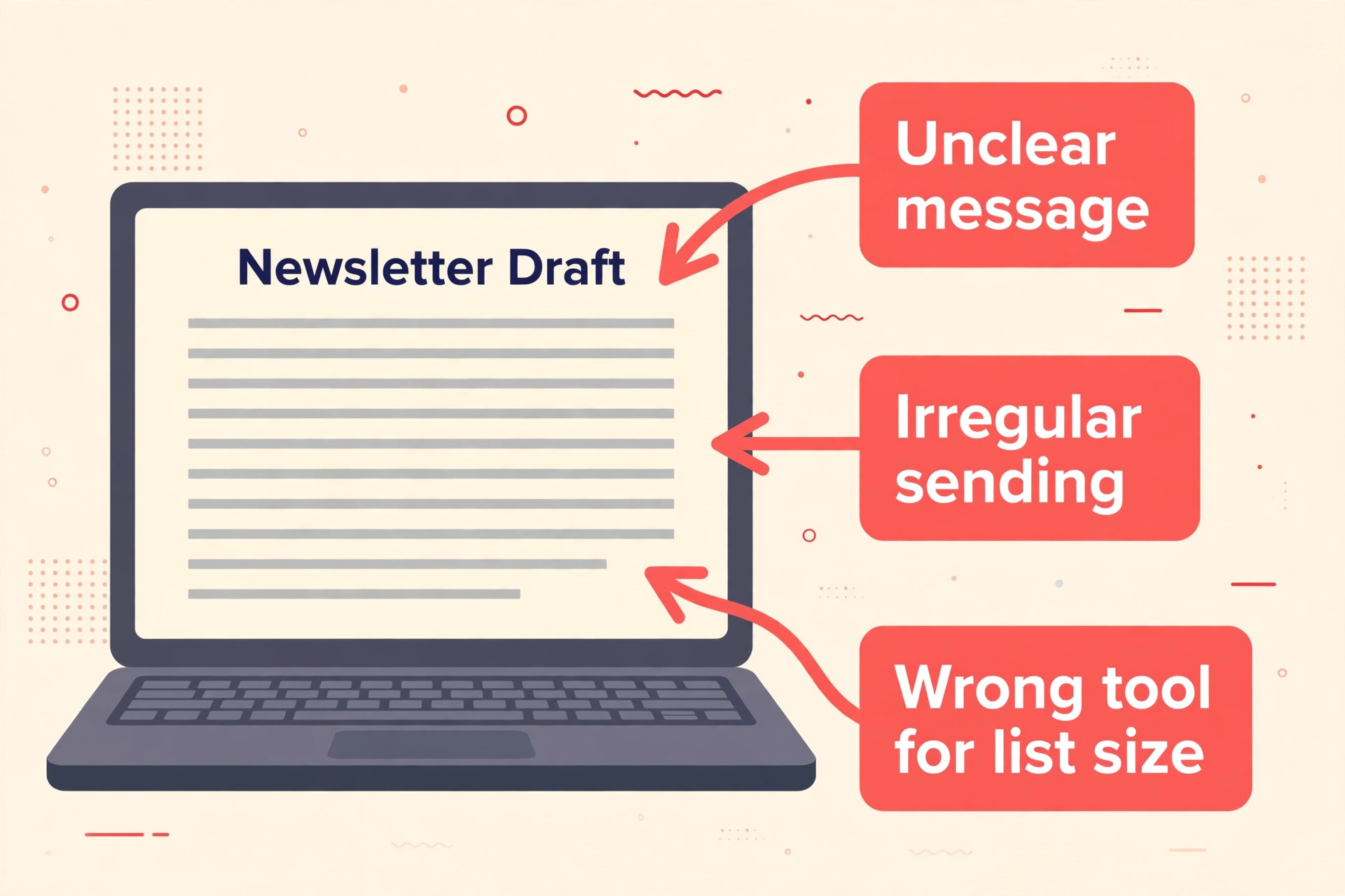 Annotated newsletter mockup with red callouts