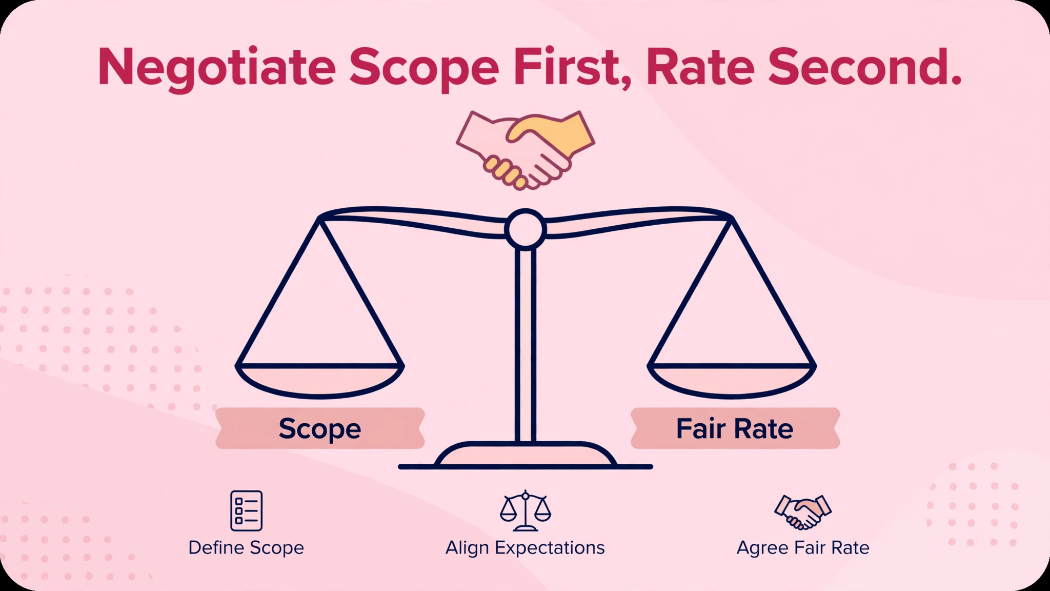 Balance scale of scope versus fair rate with a handshake