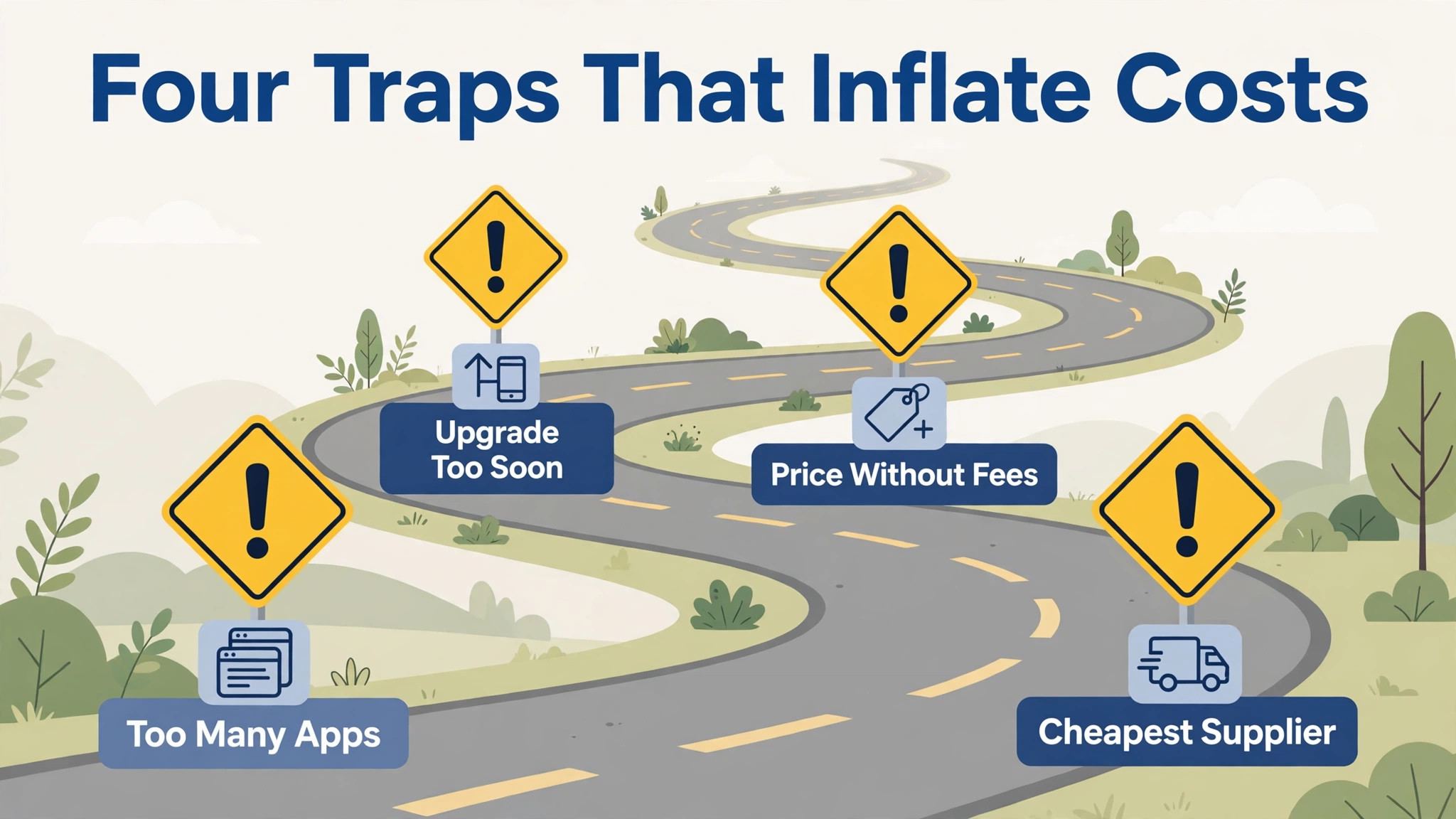 Winding road with warning signs for too many apps, upgrading too soon, pricing without fees, and the cheapest supplier