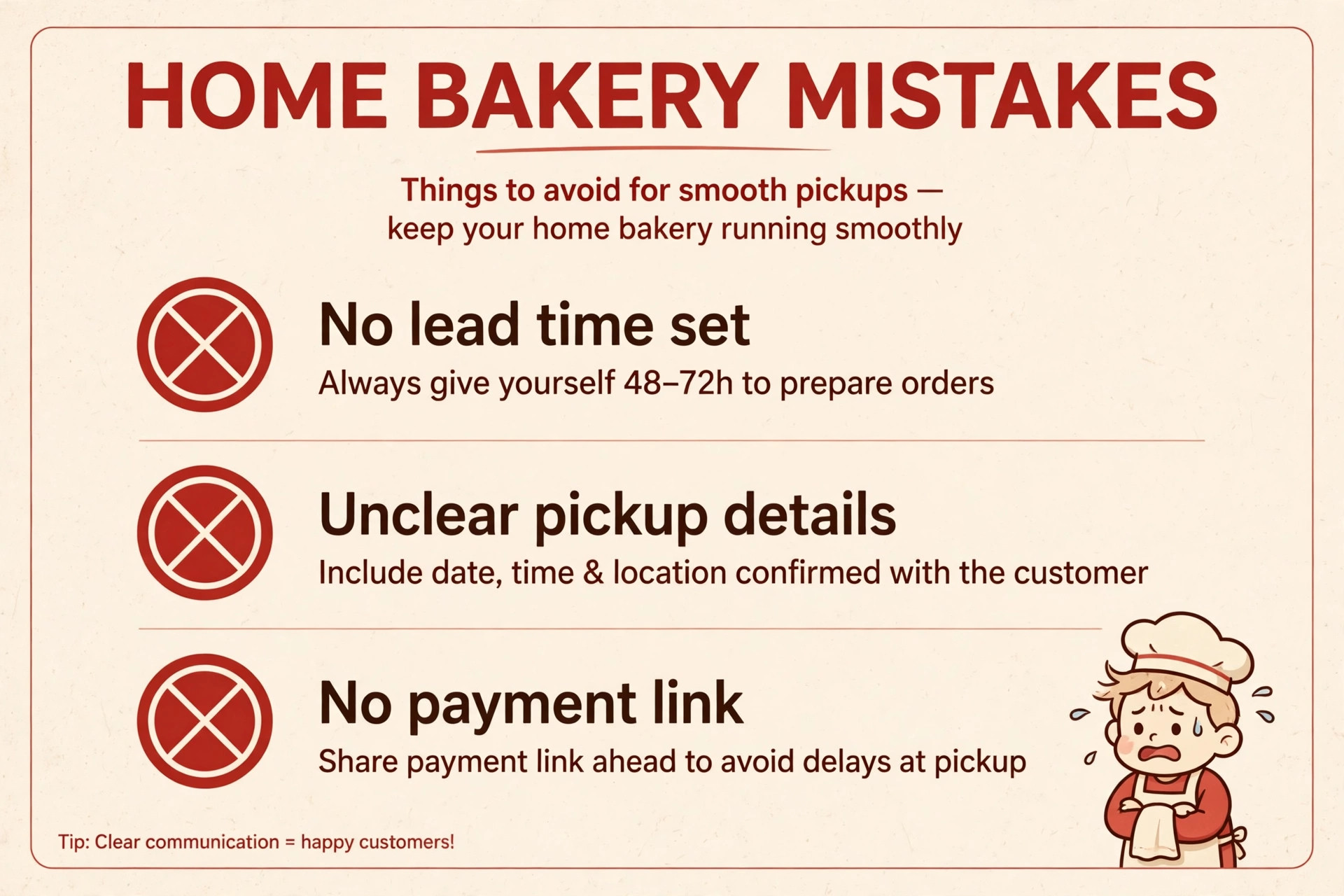 Home bakery mistakes to avoid: no lead time set, unclear pickup details, no payment link