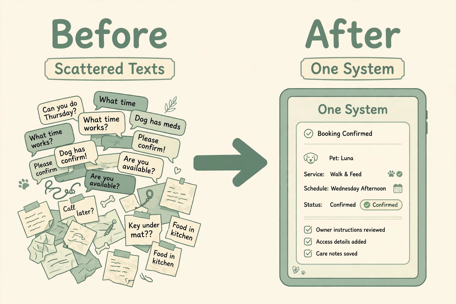 Scattered booking texts and loose notes asking about times, medication and keys versus one tidy booking dashboard with a confirmed booking, service, schedule and saved care notes