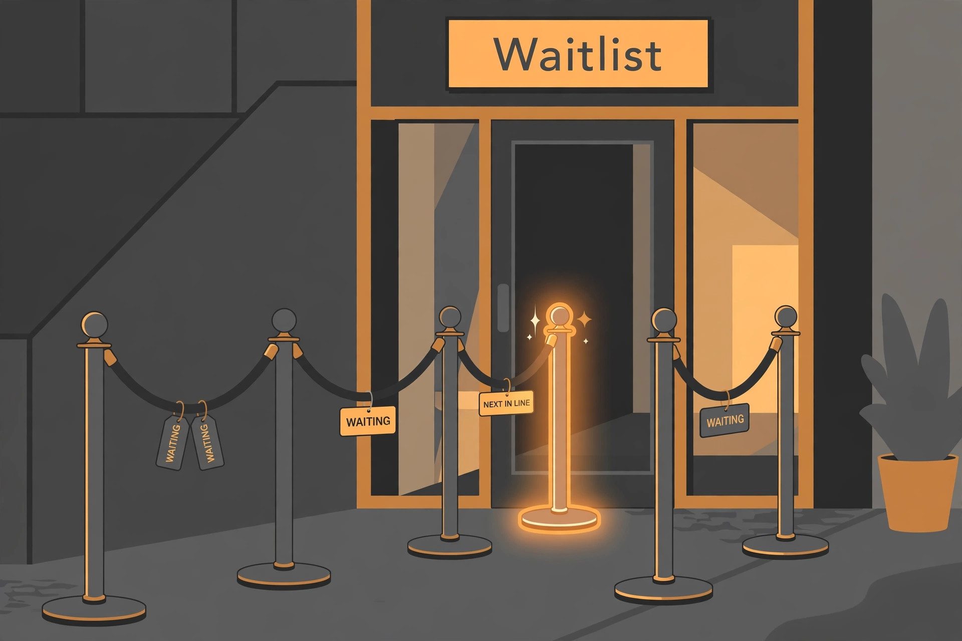 Studio entrance with a Waitlist sign and a glowing Next in Line marker among waiting place markers