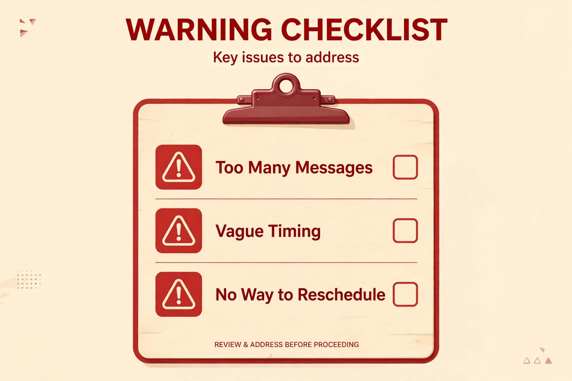 Clipboard warning checklist: Too Many Messages, Vague Timing, No Way to Reschedule