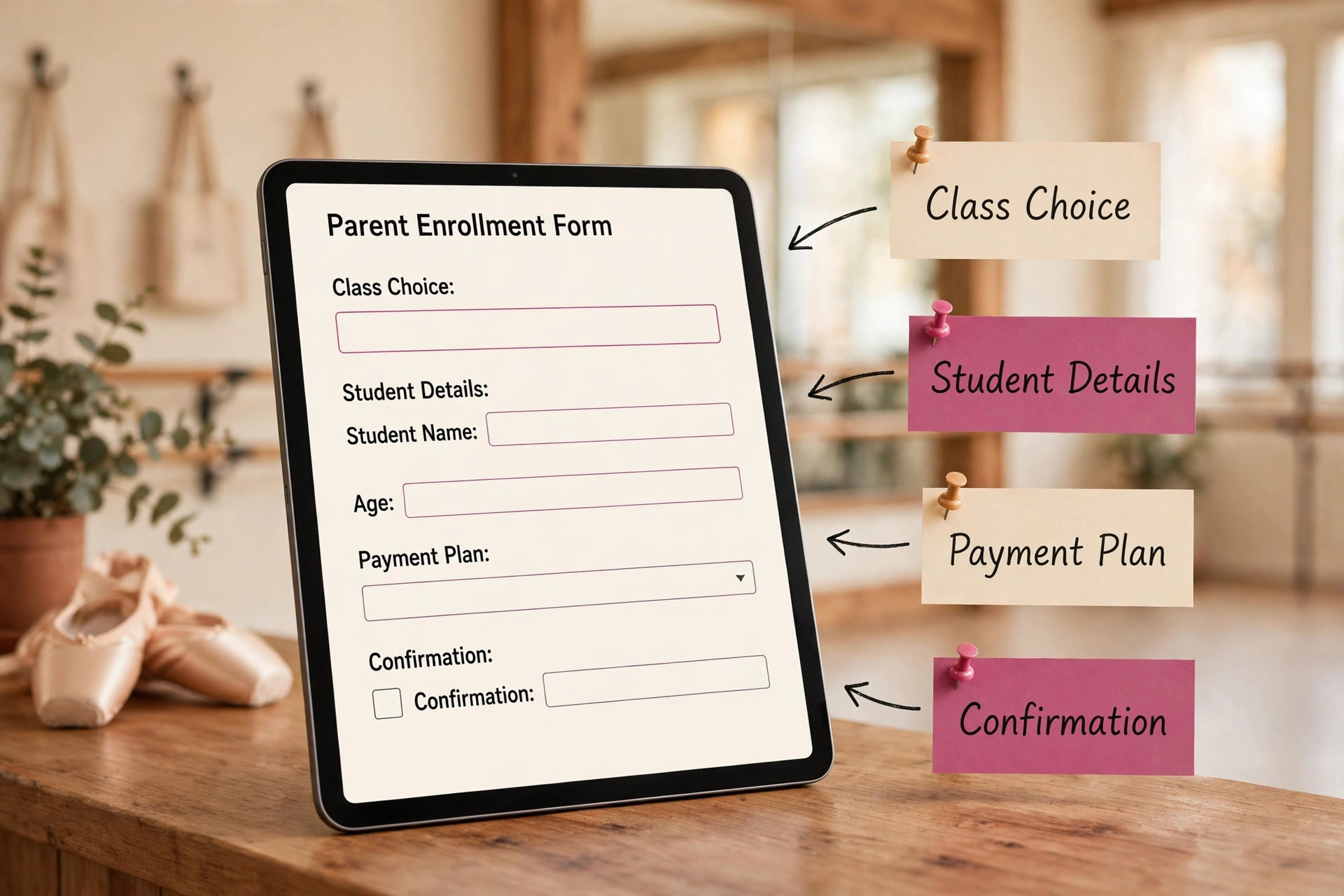 Blank parent enrollment form on a tablet with callouts for class choice, student details, payment plan and confirmation