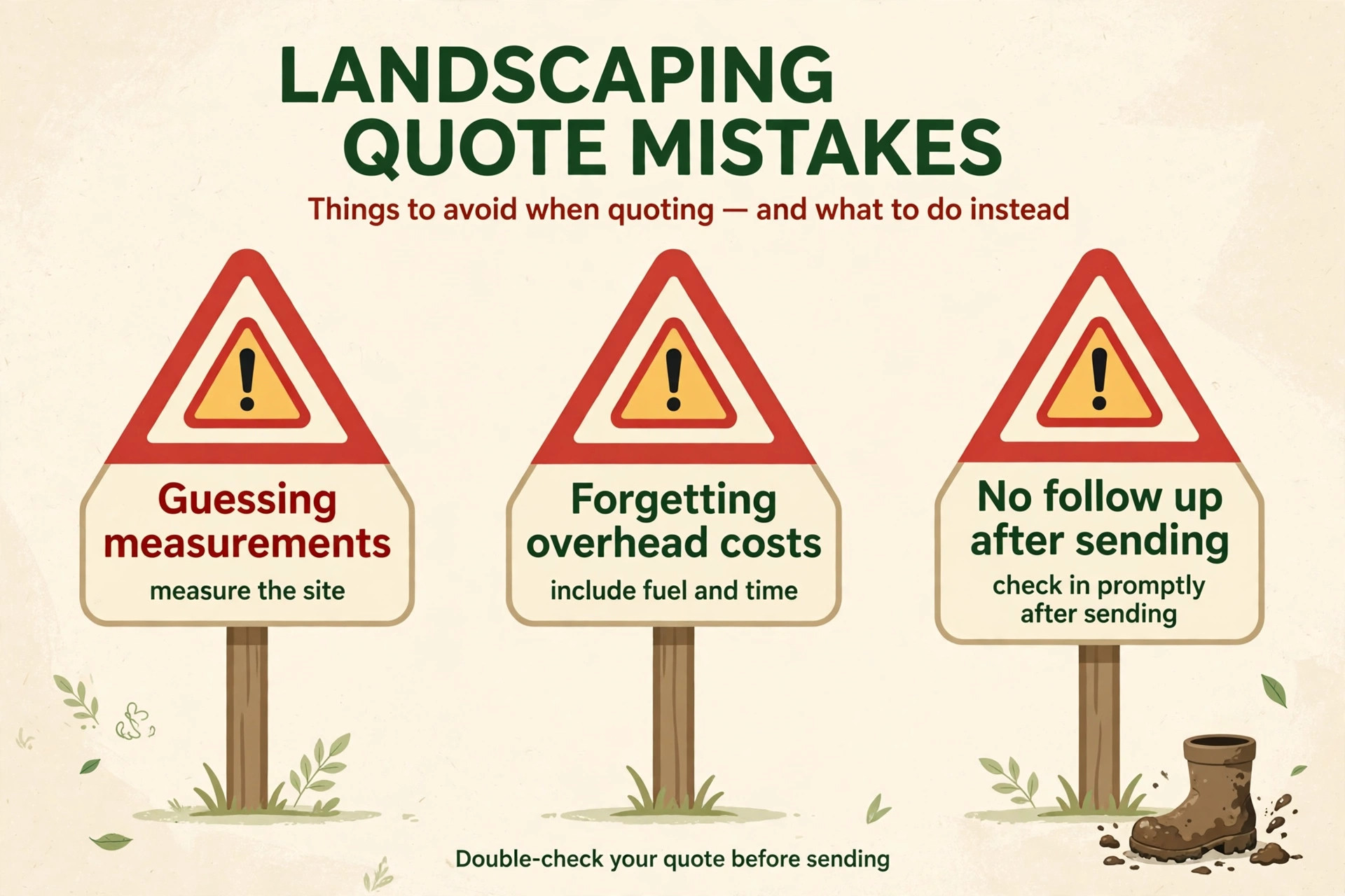 Warning signposts for landscaping quote mistakes: guessing measurements, forgetting overheads, no follow-up