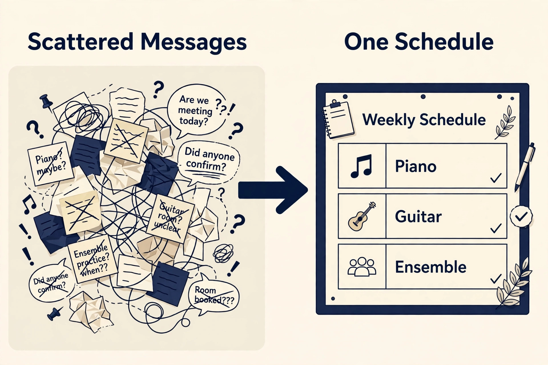 Scattered messages and crossed-out notes asking about piano, guitar and ensemble times versus one clean weekly schedule board