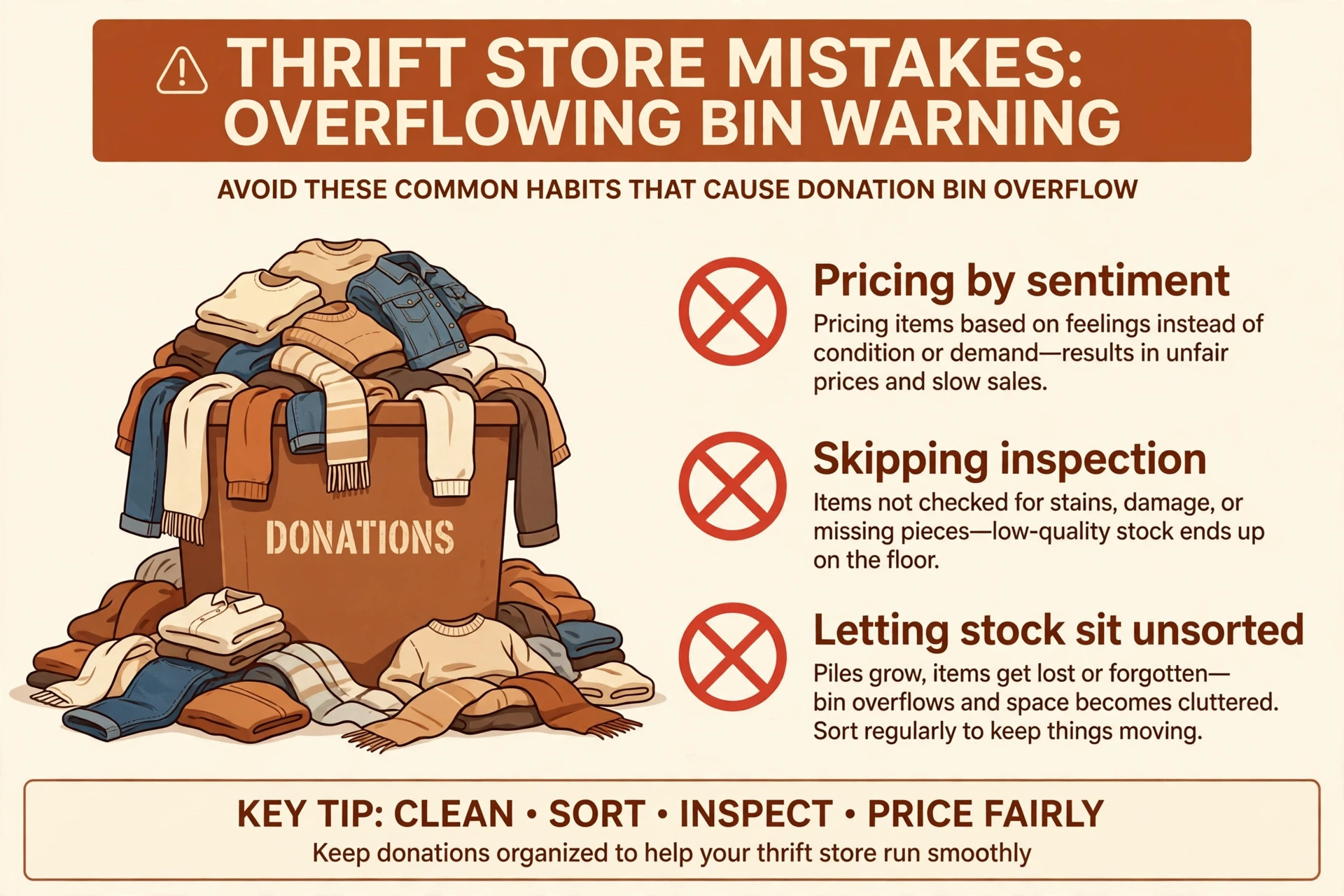 Overflowing donations bin warning against pricing by sentiment, skipping inspection and letting stock sit unsorted