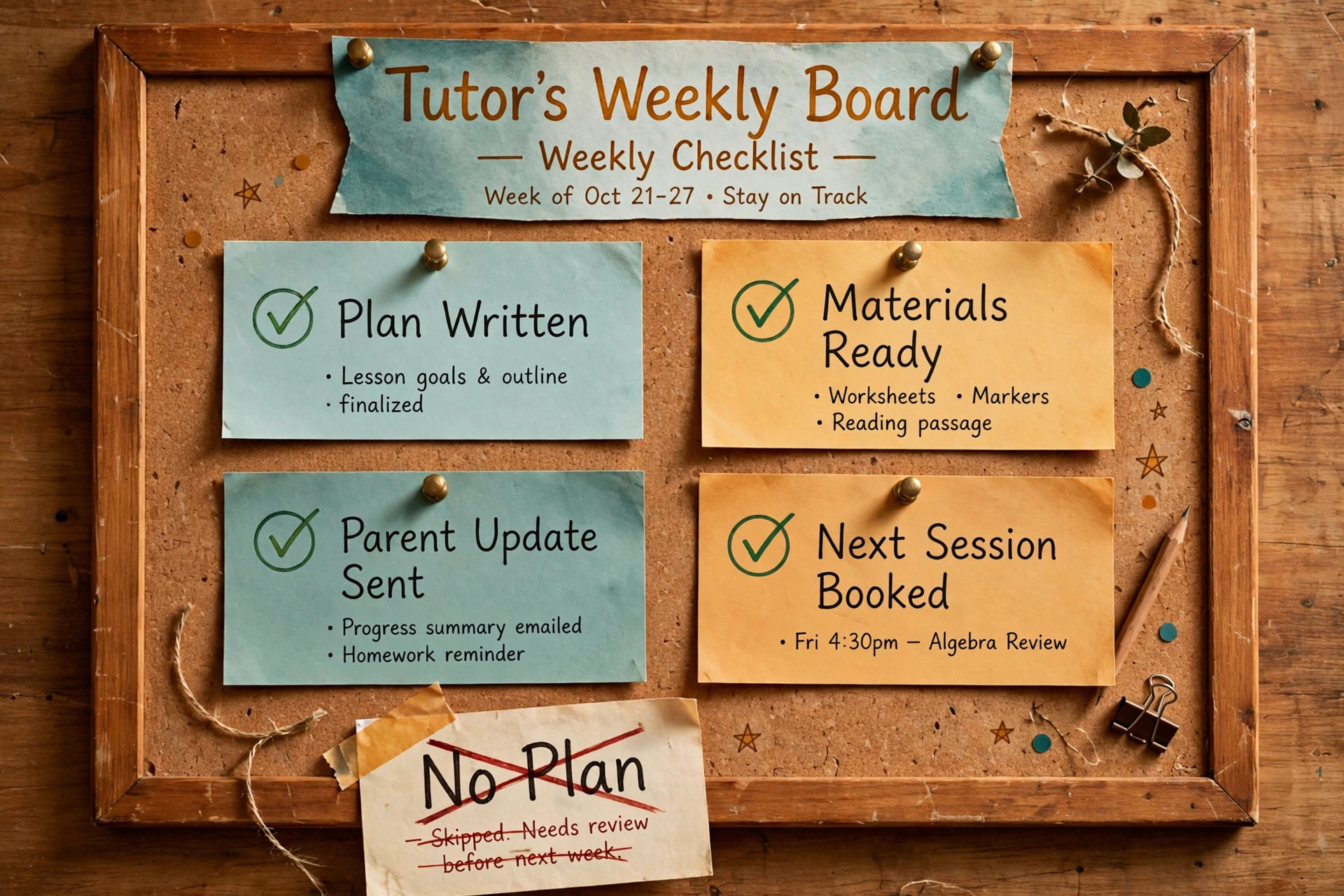 Tutor's weekly board with plan, materials, parent update and next session checked, and a crossed-out no-plan card