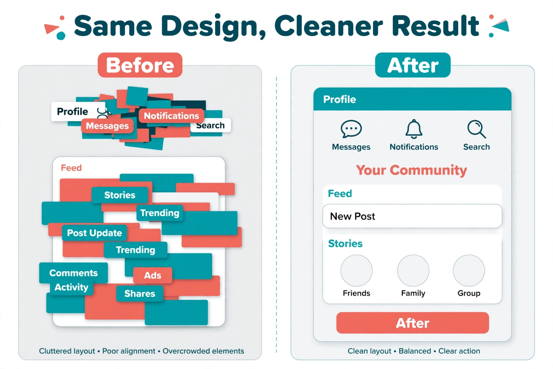 Before and after comparison of a cluttered social layout and the same design cleaned up with clear alignment