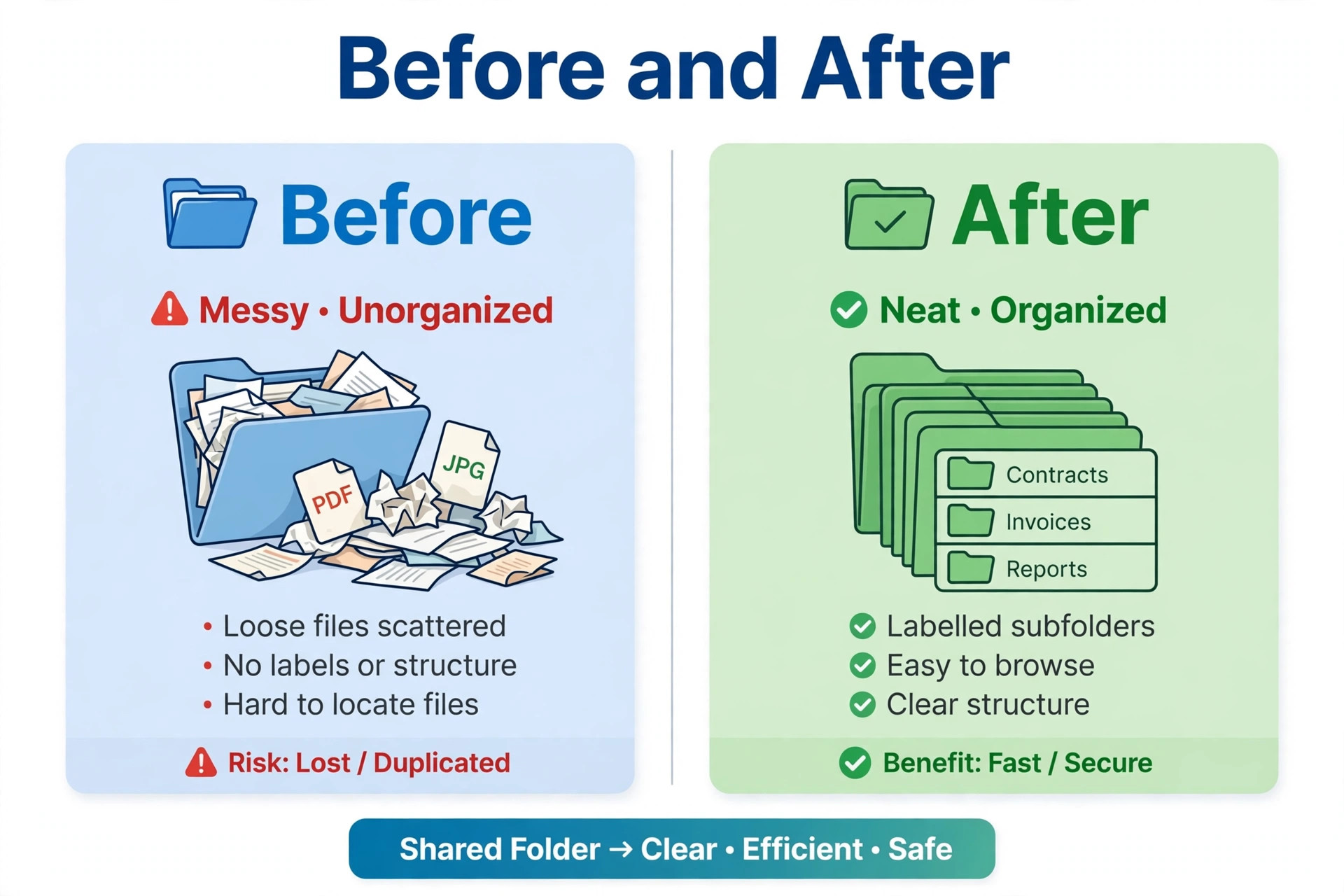 Before and after shared folders showing loose scattered files reorganised into labelled subfolders