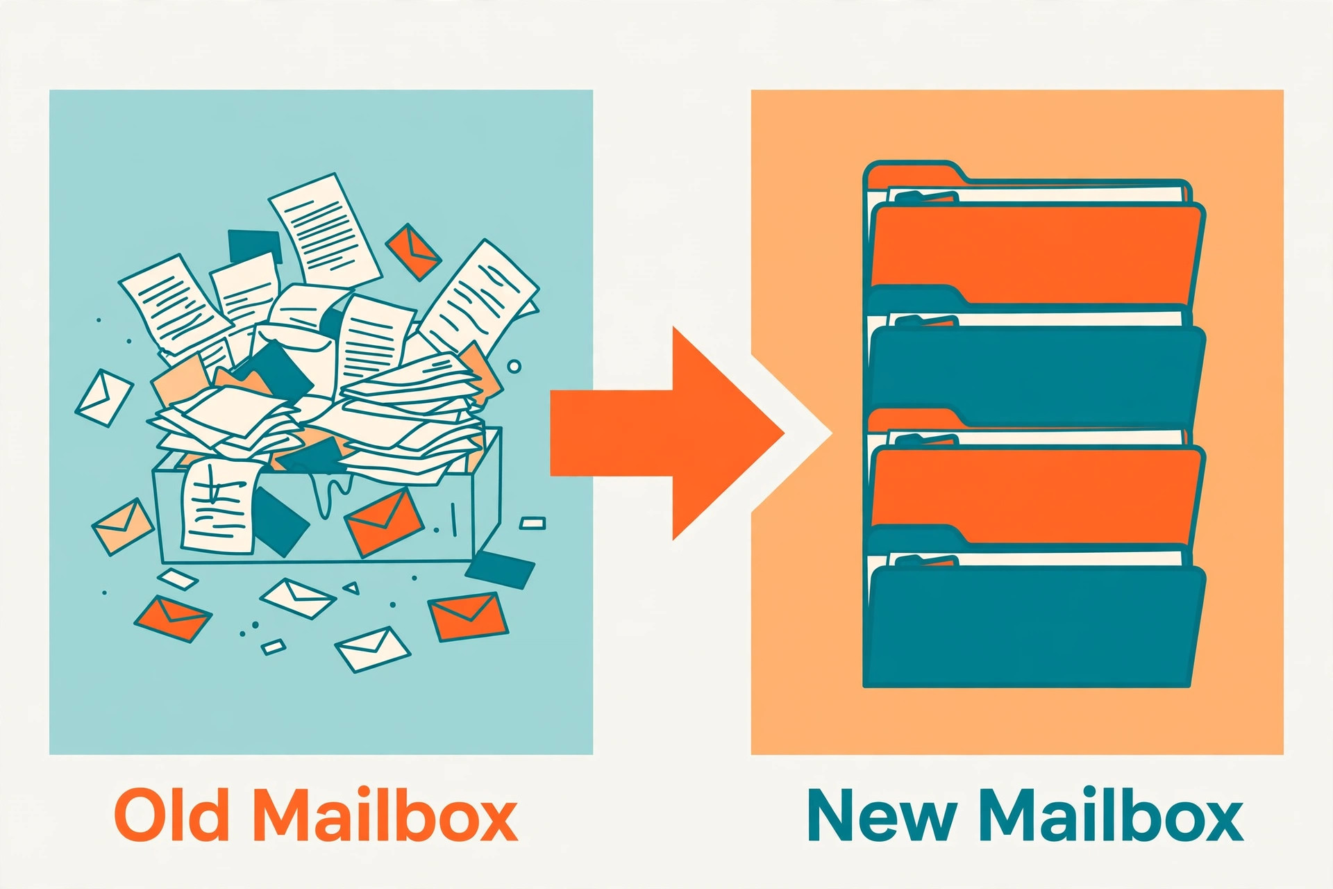 Old messy mailbox versus tidy new mailbox with sorted folders comparison