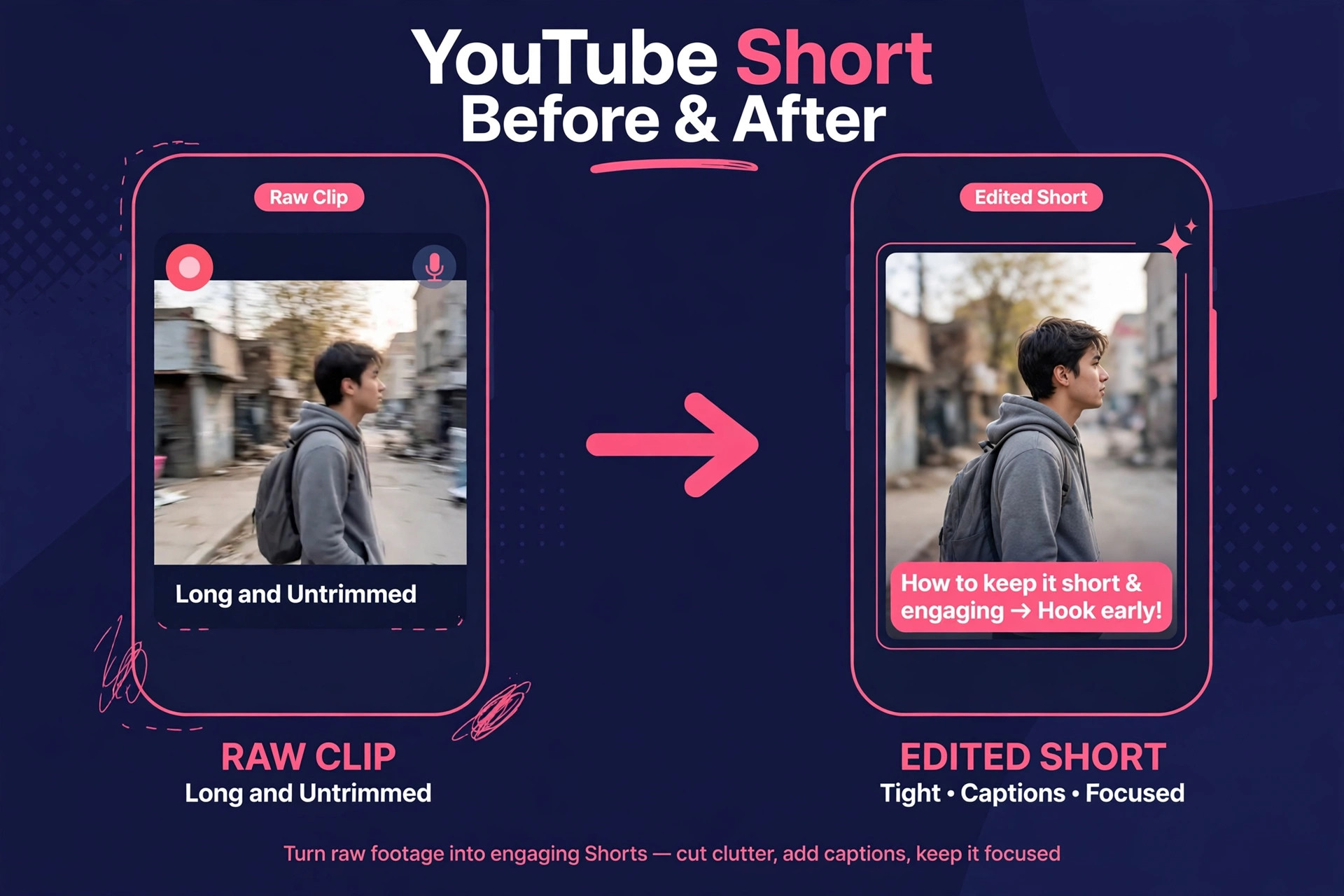 Before and after view of a raw clip and a tight edited Short