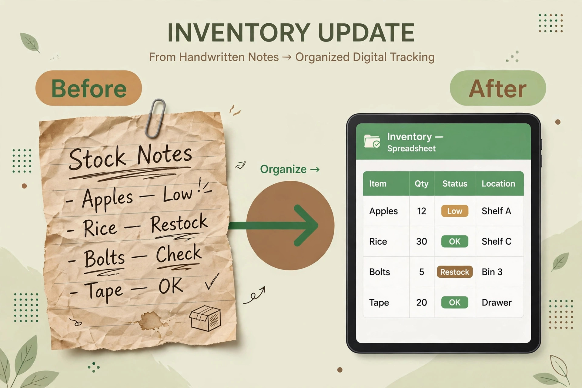 Before and after view of messy stock notes and a clean inventory sheet