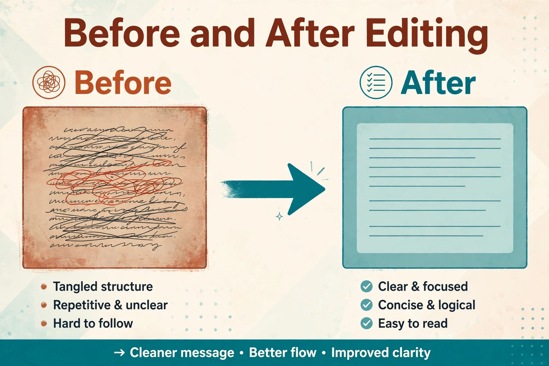 Before and after view of a rough paragraph and an edited paragraph