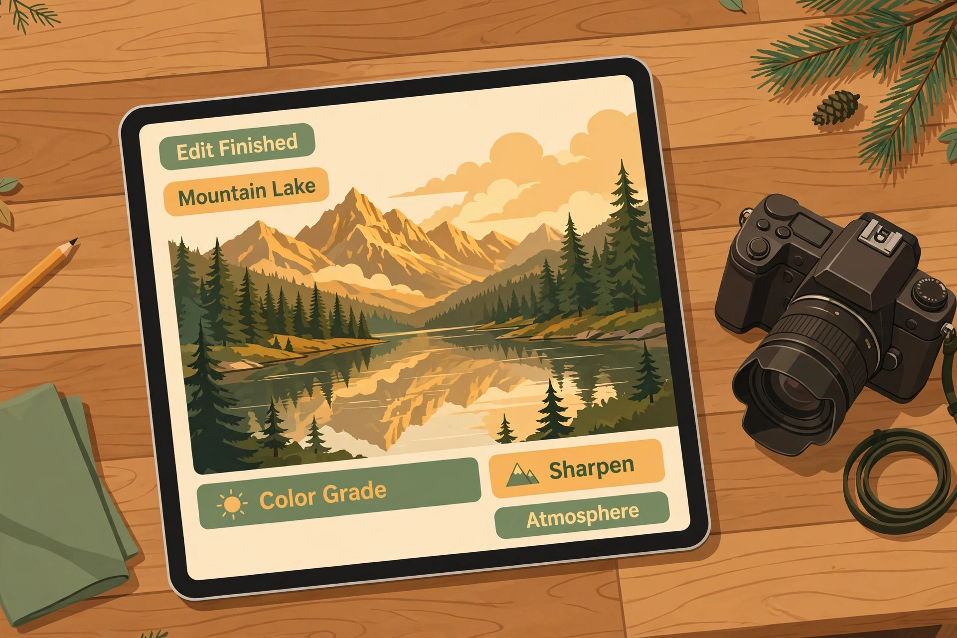 Tablet mockup of a finished mountain scene edit