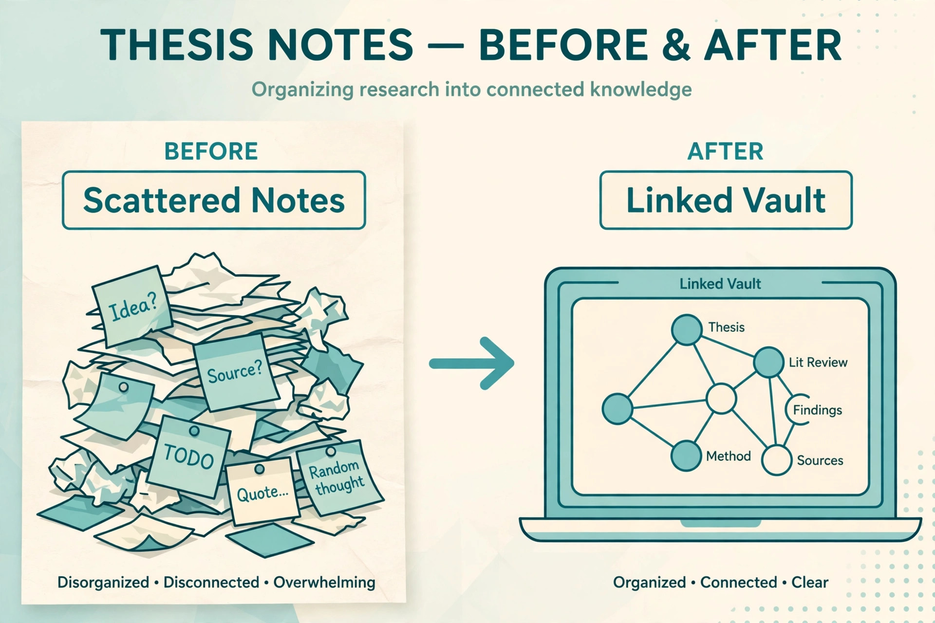Before and after view of scattered paper notes and a linked vault