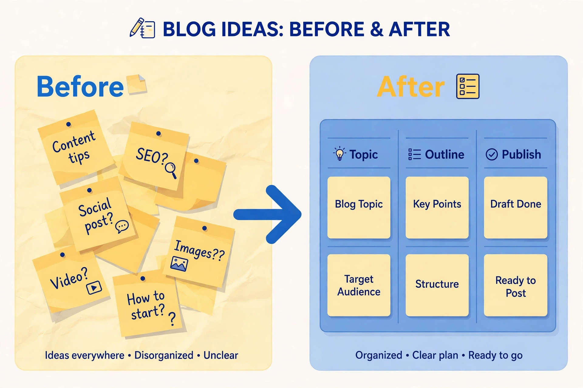 Before and after view of scattered blog ideas and a planned Trello board