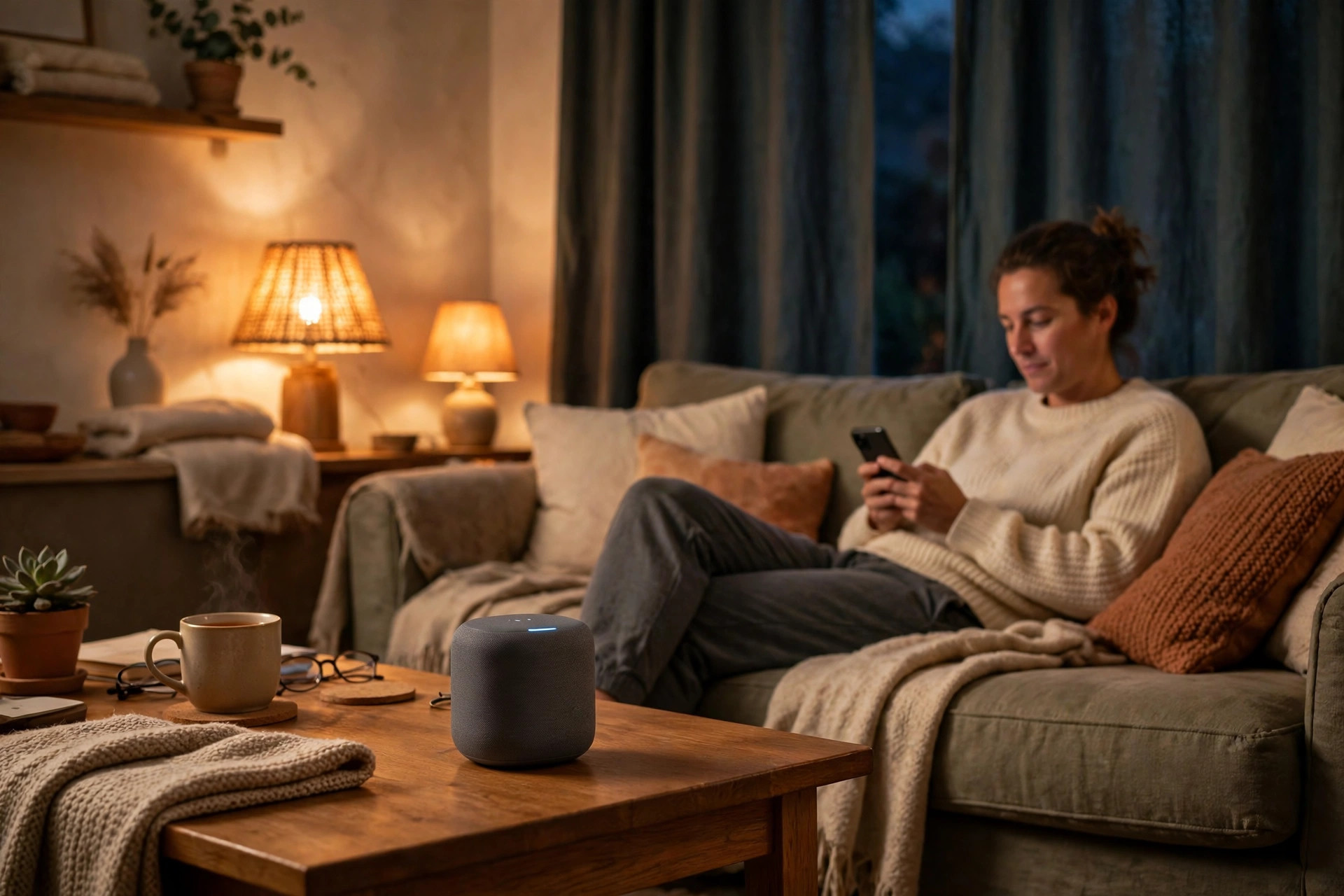 Living room mockup with Echo and smart lights