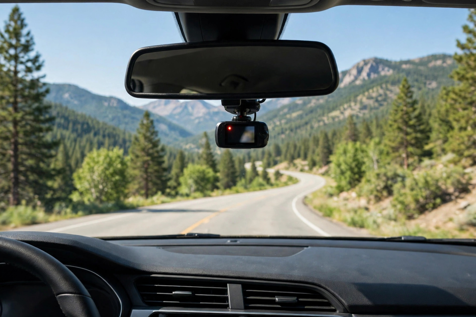 Dash cam mounted behind the rearview mirror recording a highway drive
