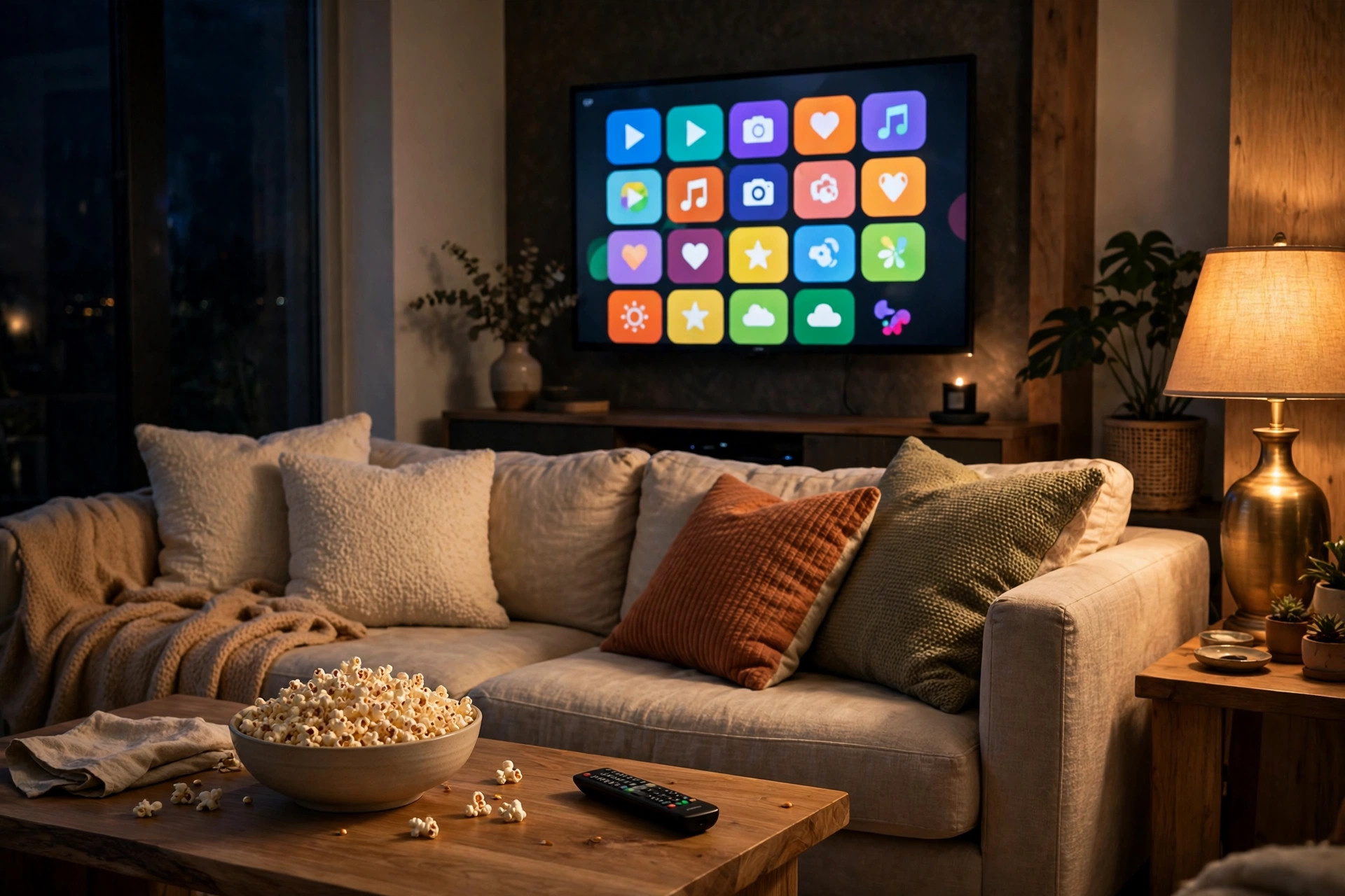 Living room mockup with Roku home screen