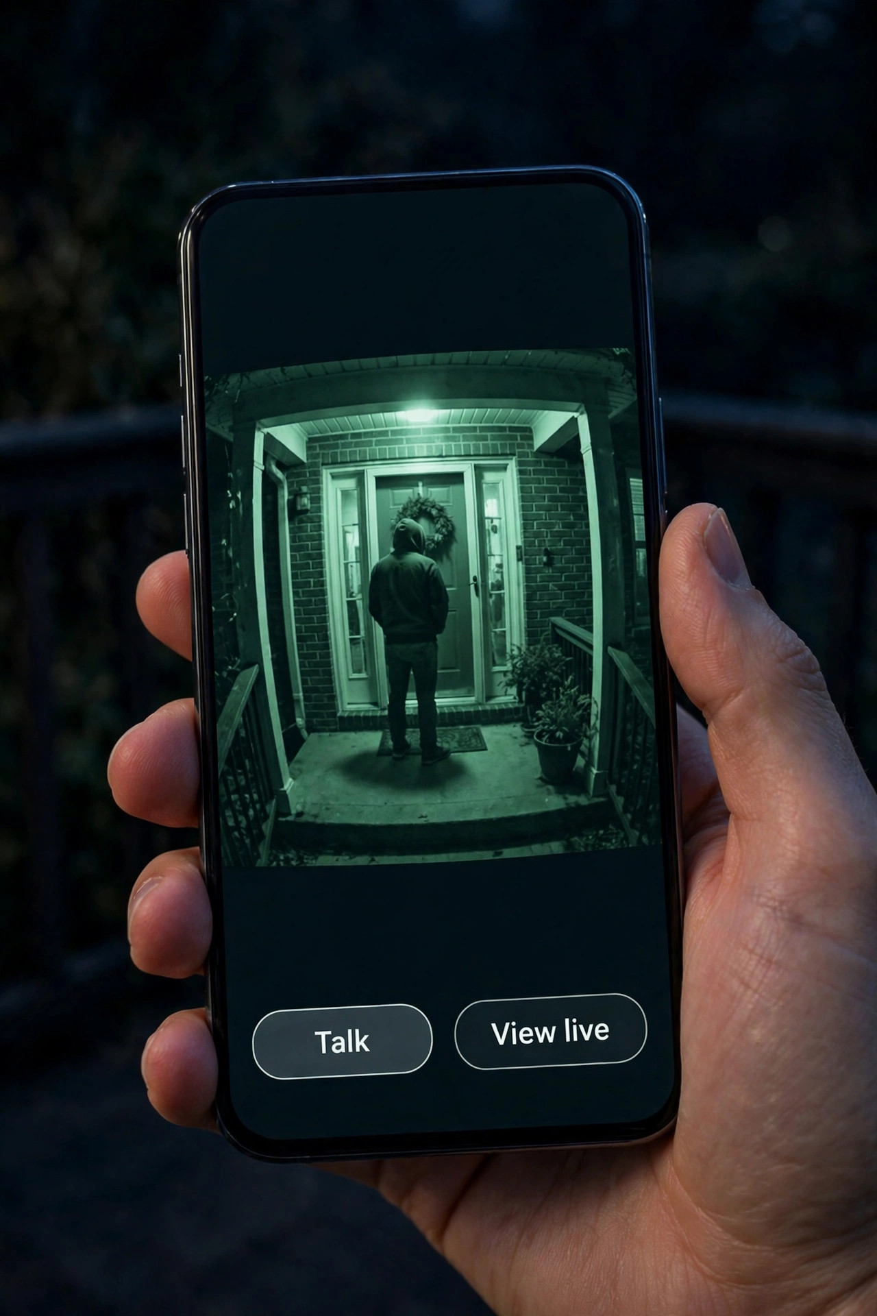 Phone showing a night-vision visitor alert with talk and live-view buttons