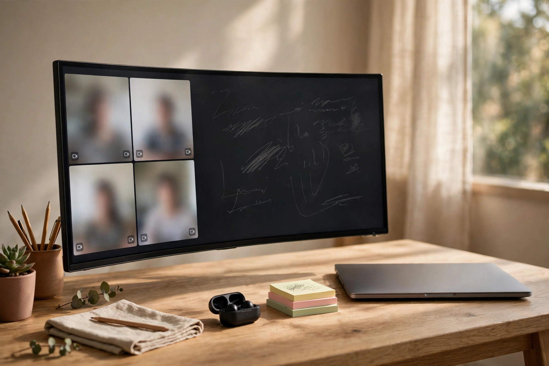 Desk mockup with an ultrawide monitor showing a video call beside notes and a closed laptop