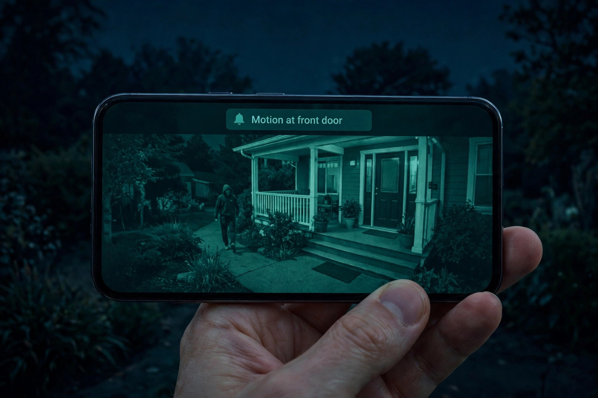 Phone mockup of a night-vision motion alert at the front door