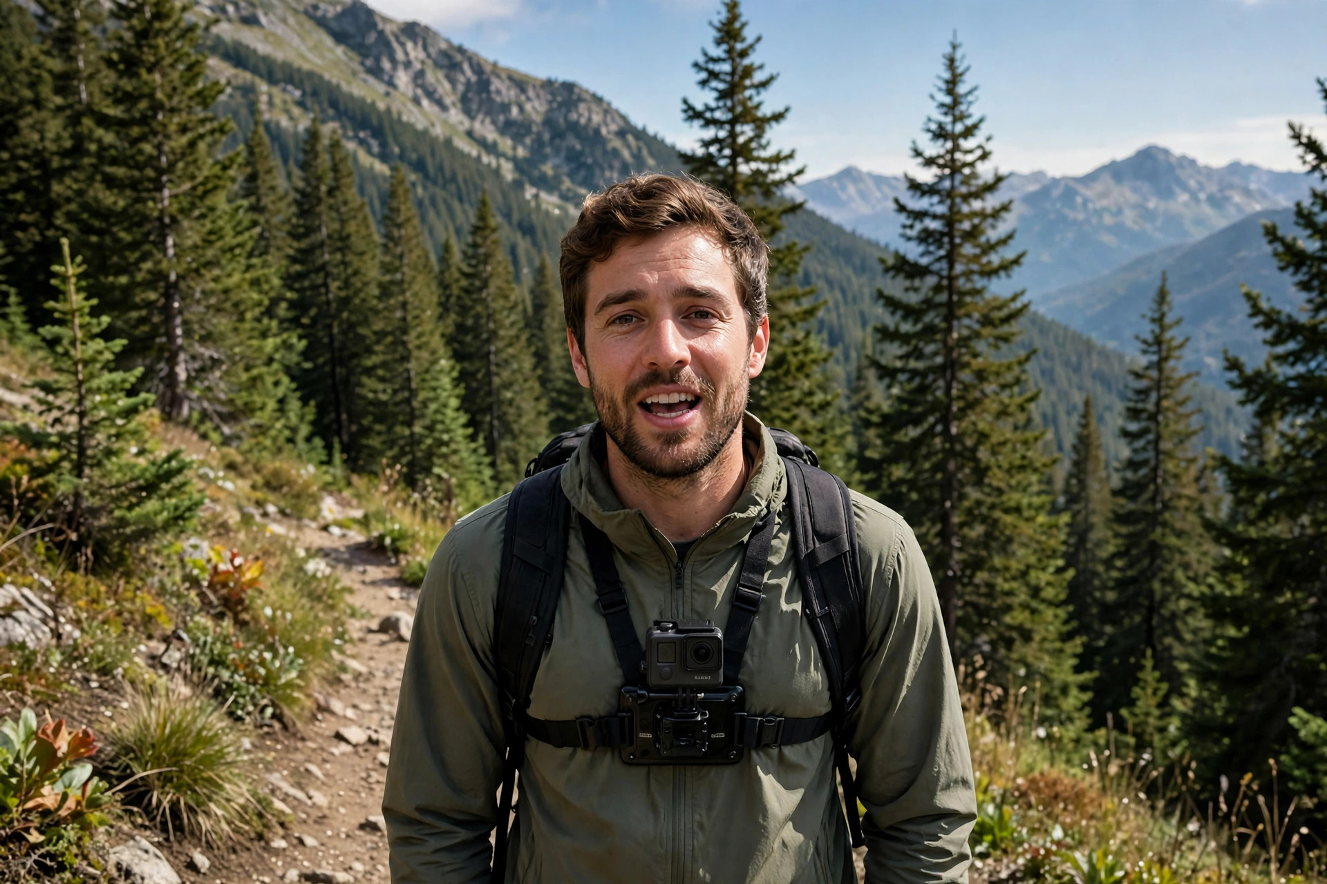 Creator filming on a trail with a chest-mounted action camera