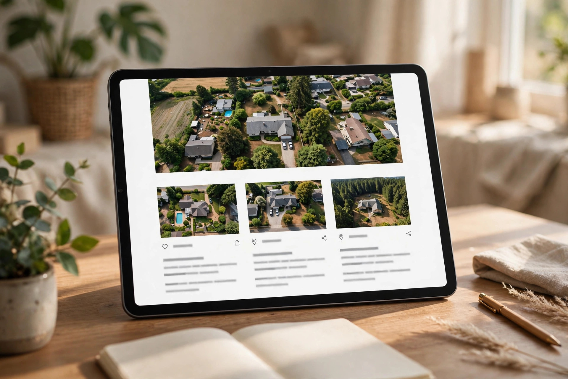 Tablet mockup of a listing page with aerial photographs