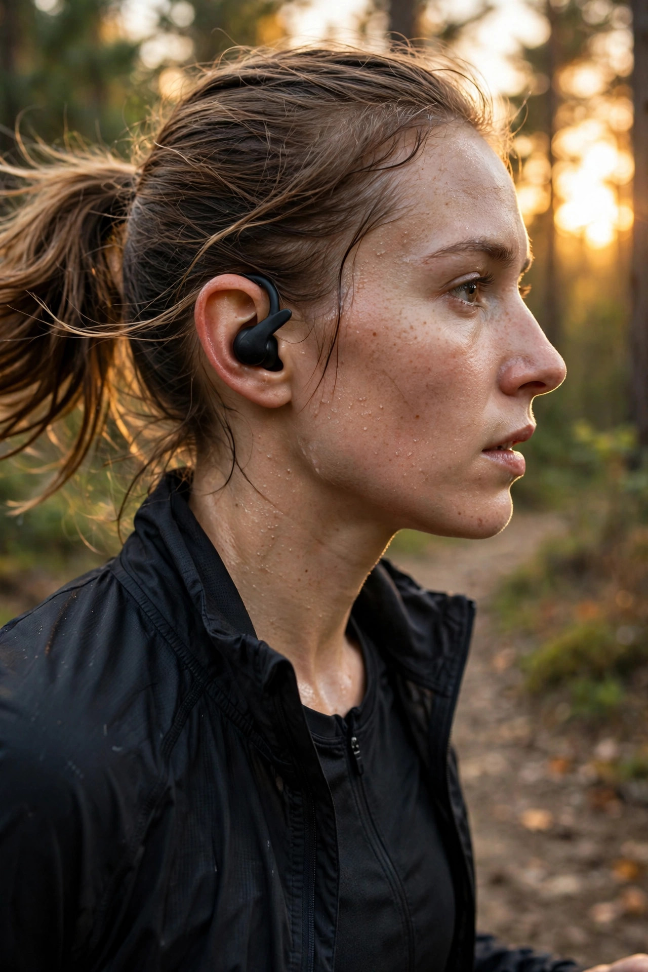 Runner on a forest trail wearing a secure wingtip sport earbud