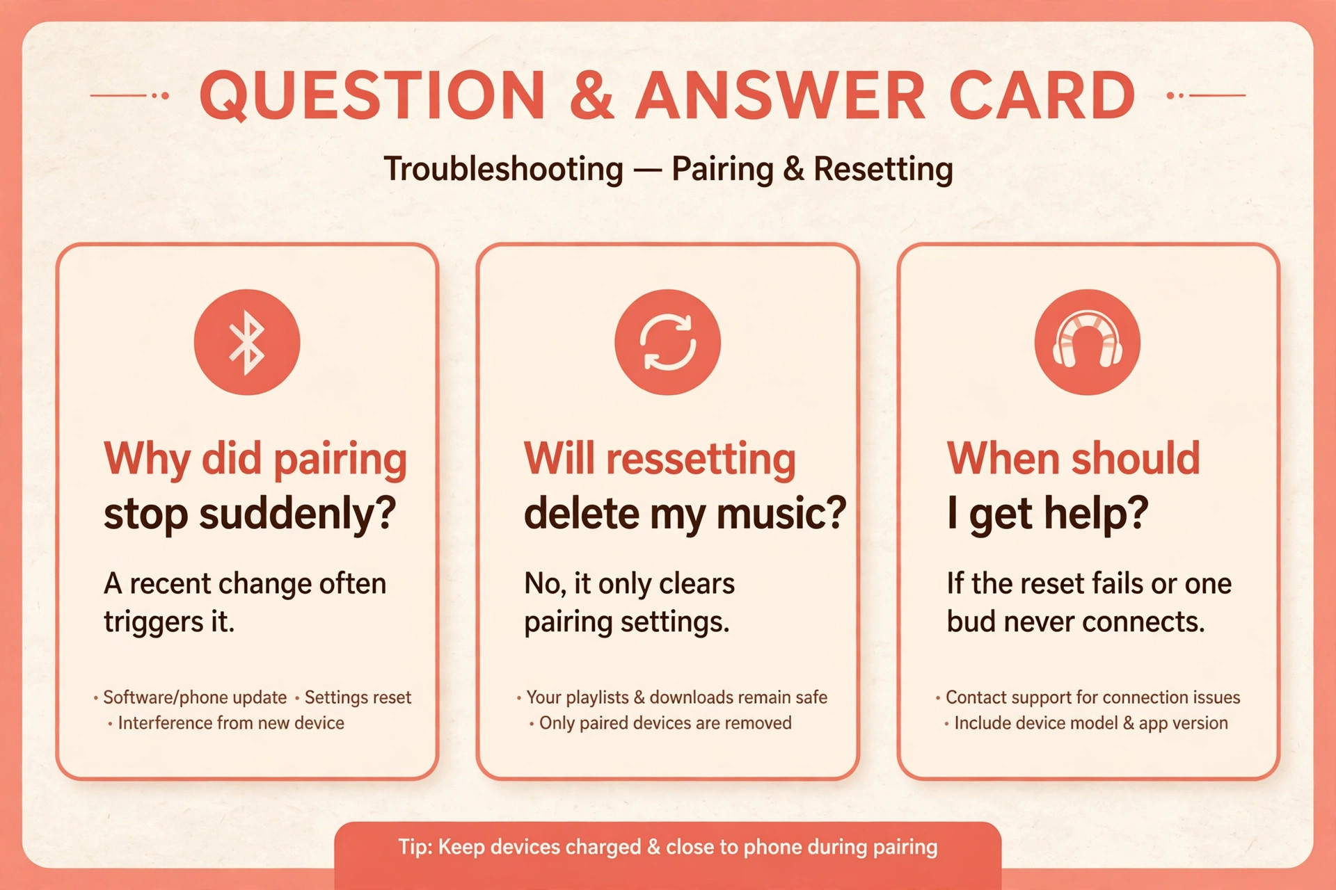 Three question cards on sudden pairing stops, resetting, and when to get help
