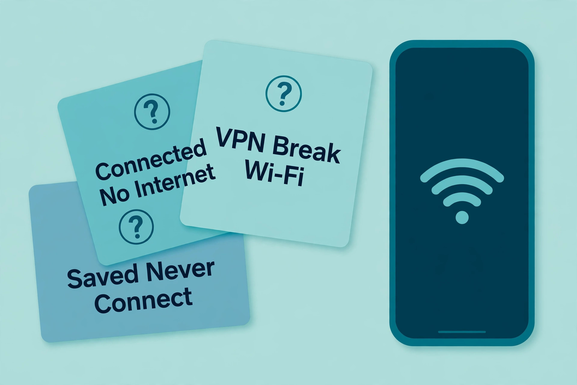 Fanned question cards about saved-but-never-connecting, connected-no-internet and VPN breaking Wi-Fi