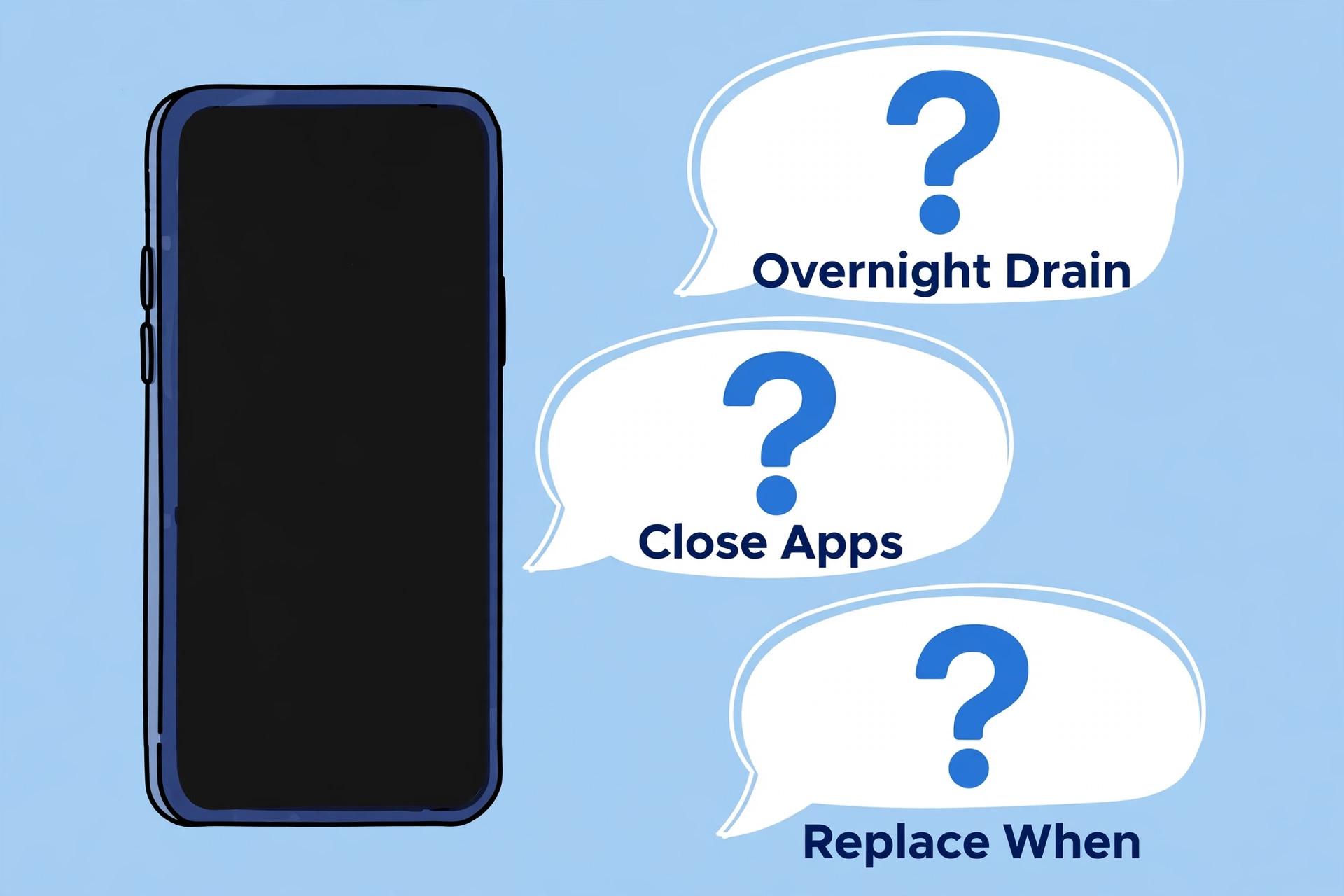 Phone beside speech bubbles asking about overnight drain, closing apps and replacement timing
