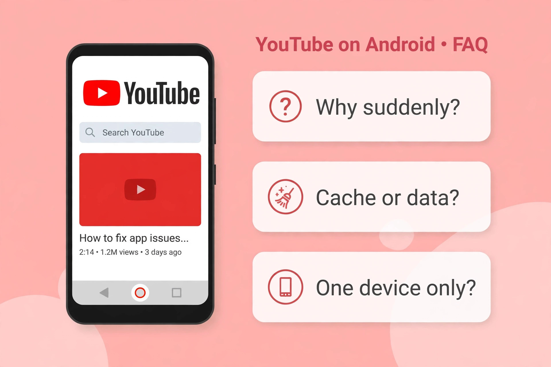 Phone beside FAQ cards asking why suddenly, cache or data, and one device only
