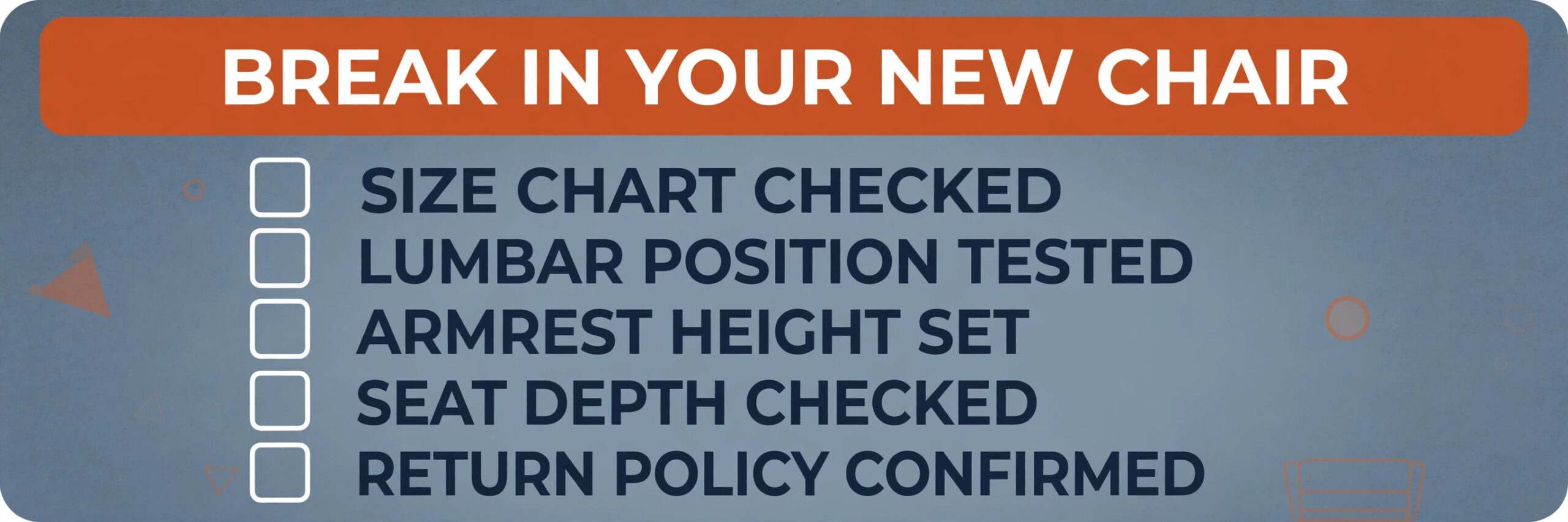 Checklist graphic for testing a new gaming chair during the break-in period