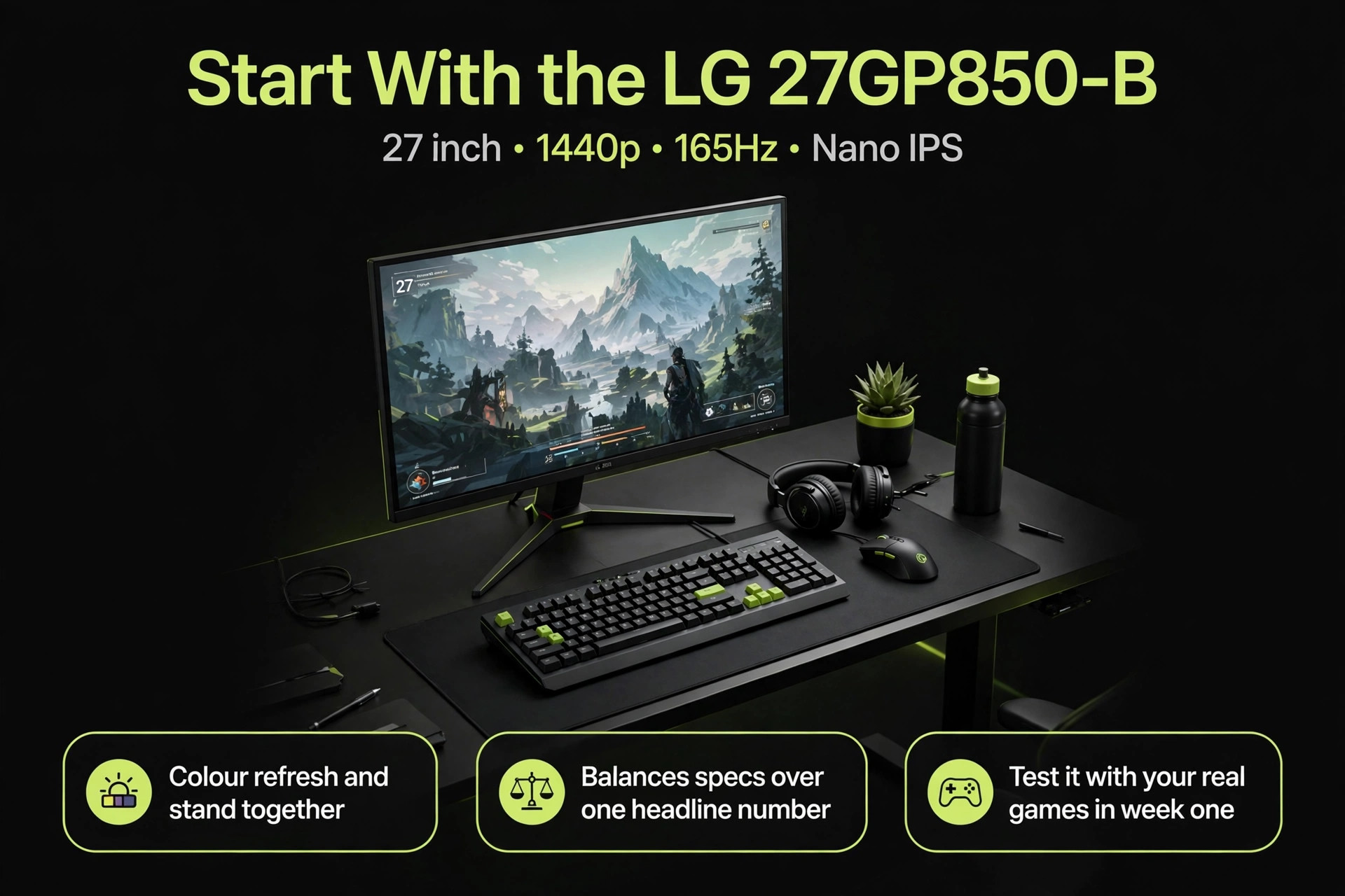 Start with the LG 27GP850-B decision mockup on a gaming desk