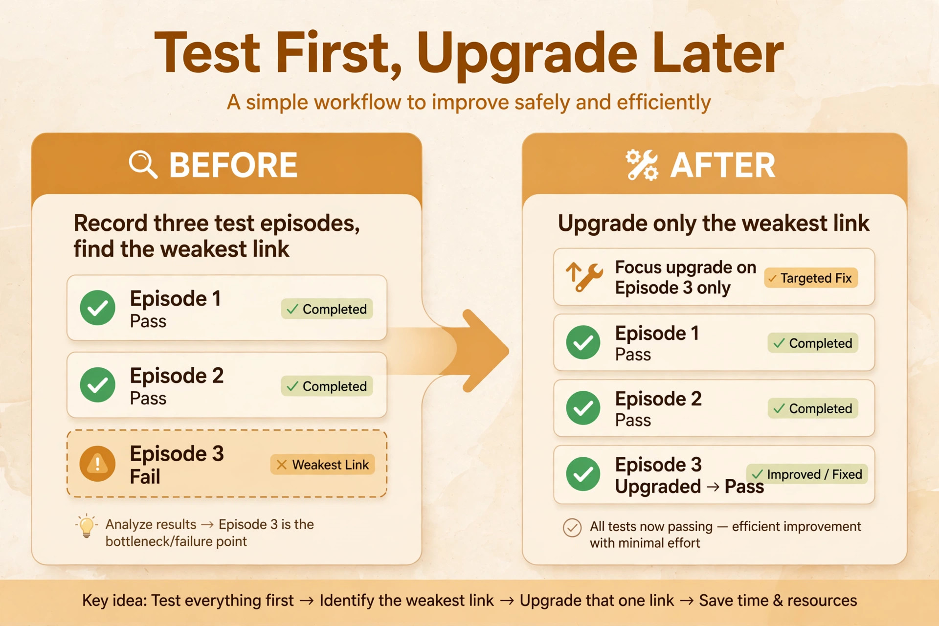 Test first upgrade later before and after graphic for a podcast setup