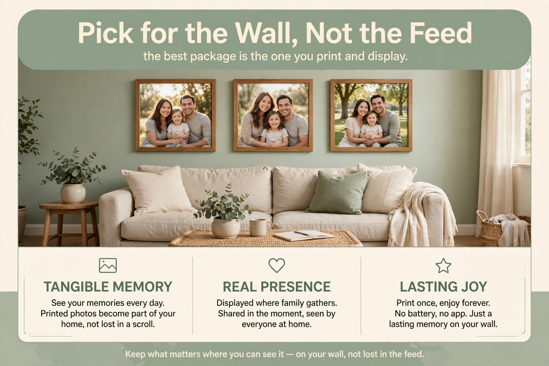 Pick for the wall not the feed mockup of framed family portraits above a sofa