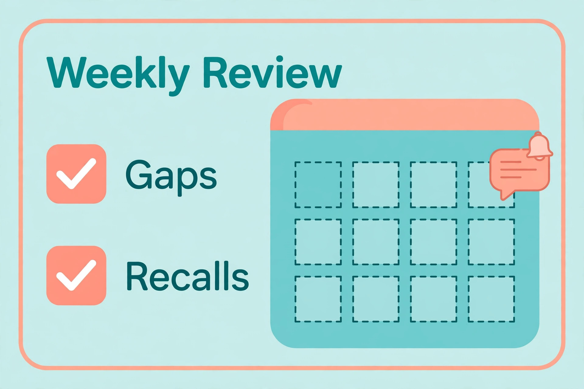 Weekly schedule review checklist card covering gaps and recalls