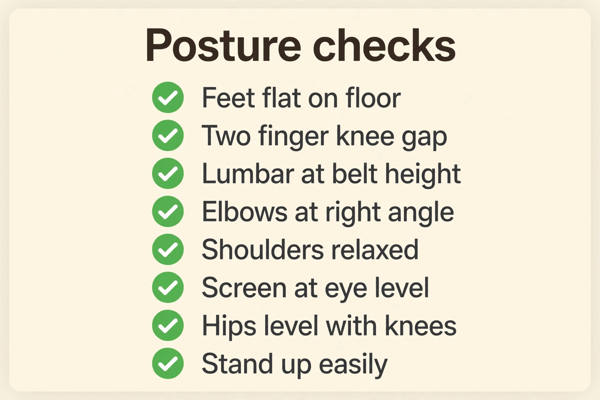 Ten point posture checklist visual for a long study session chair setup