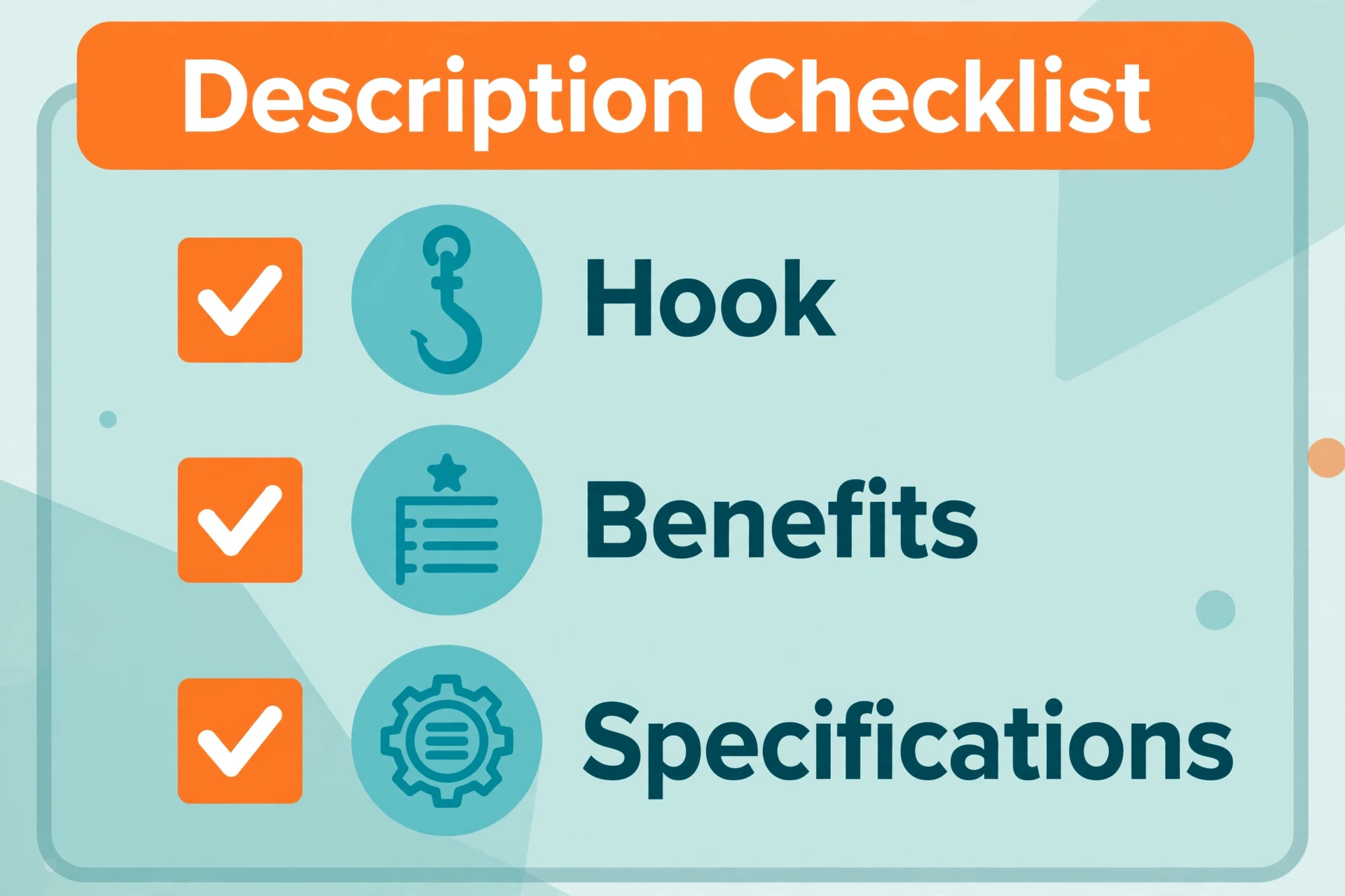 Description checklist card covering hook, benefits and specifications