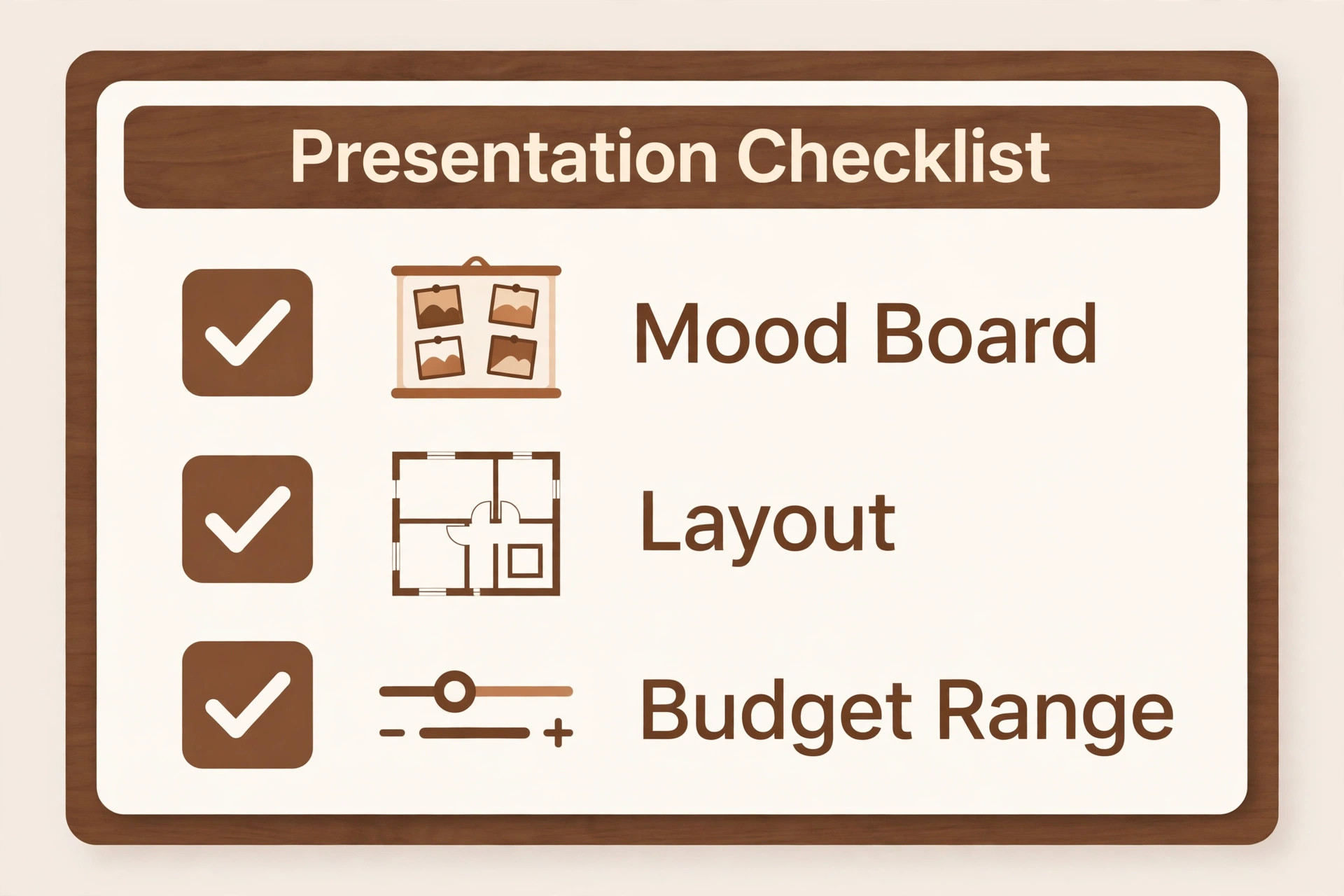 Presentation checklist card covering mood board, layout and budget range