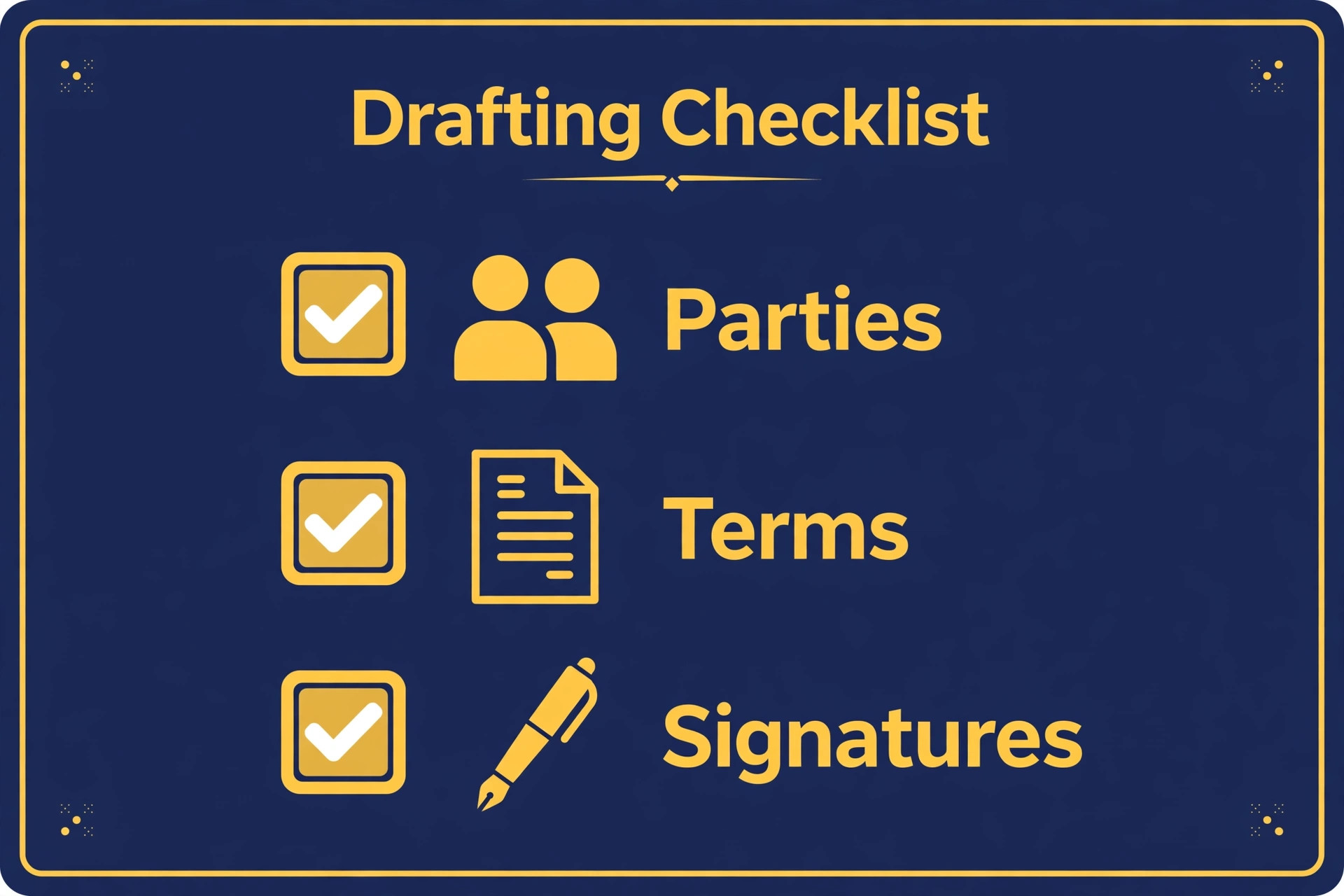 Drafting checklist card covering parties, terms and signatures