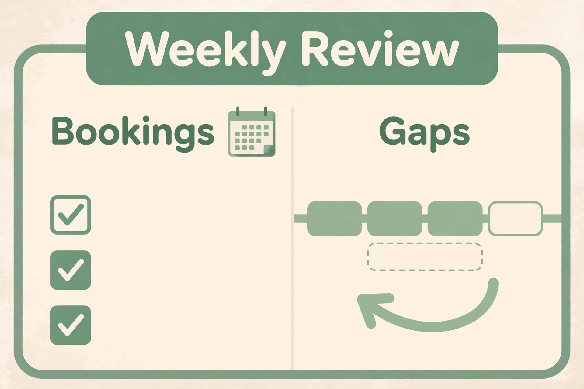 Weekly review checklist card covering bookings and gaps in the schedule