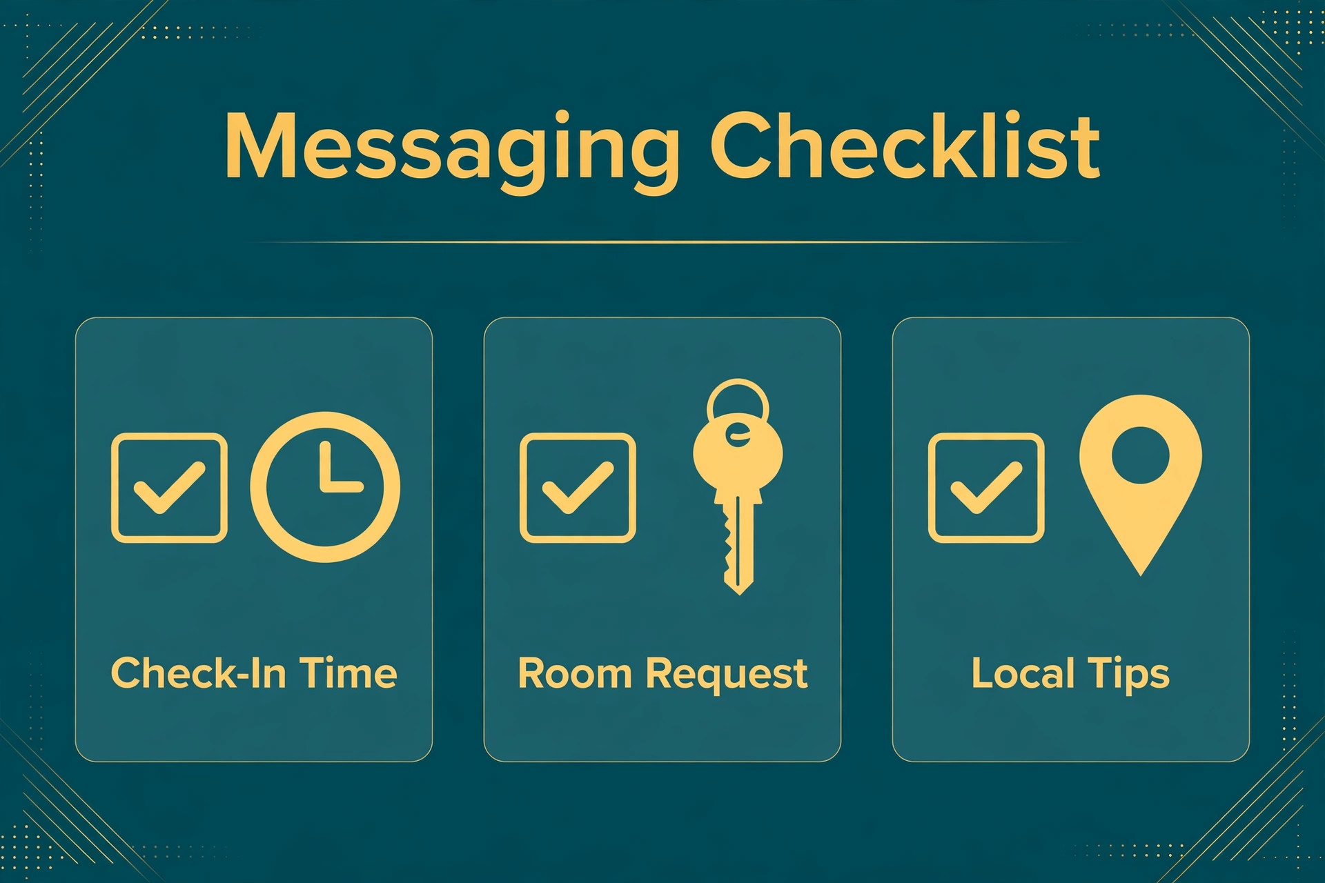 Messaging checklist card covering check-in time, room request and local tips