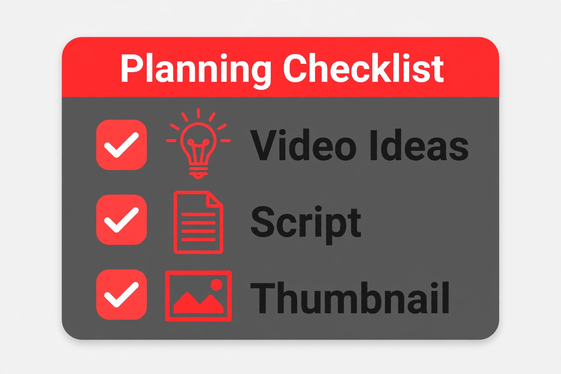 Planning checklist card covering video ideas, script and thumbnail