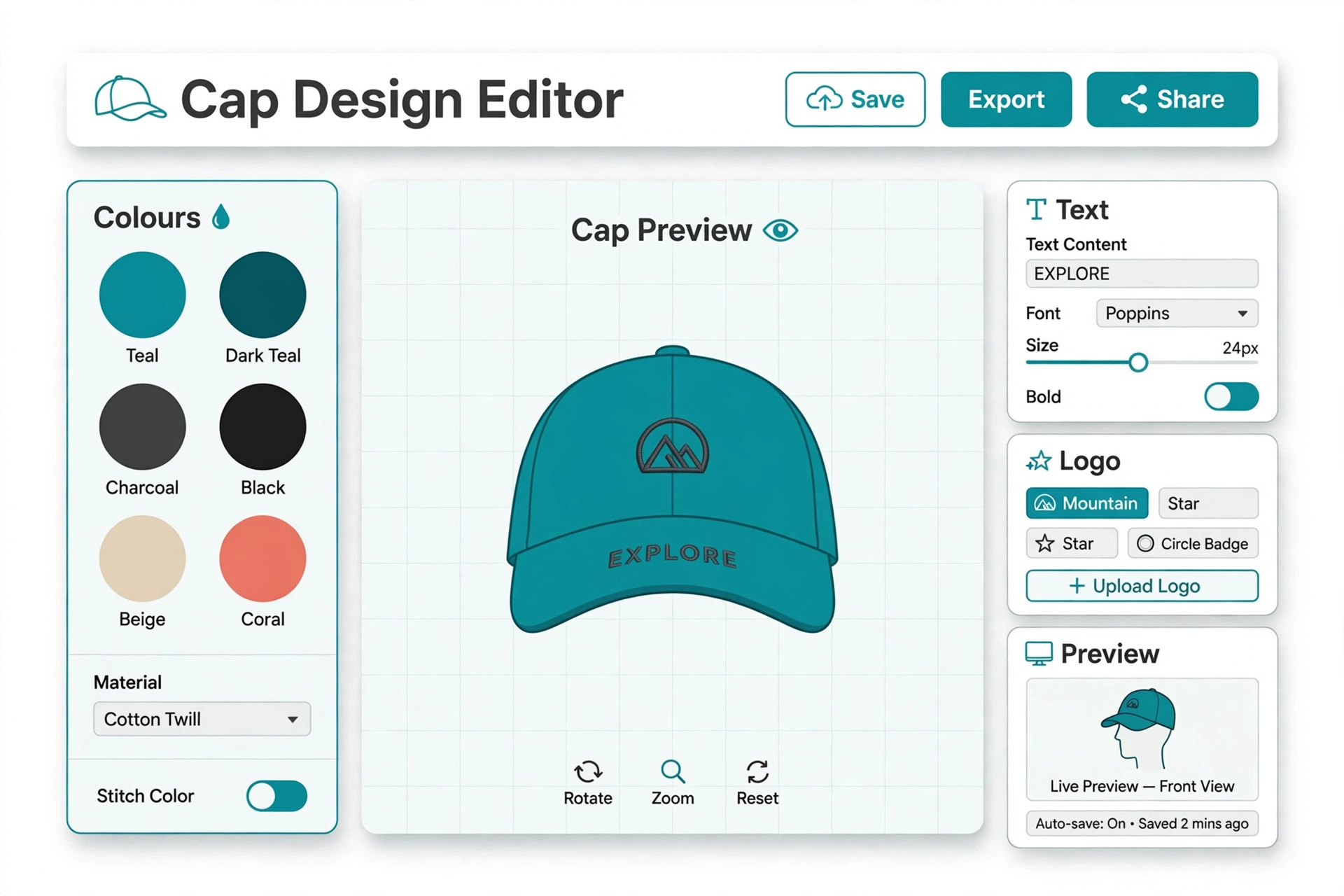 Cap designer tool screenshot