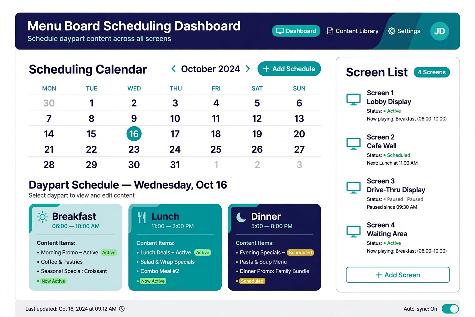 Scheduling dashboard screenshot for menu boards